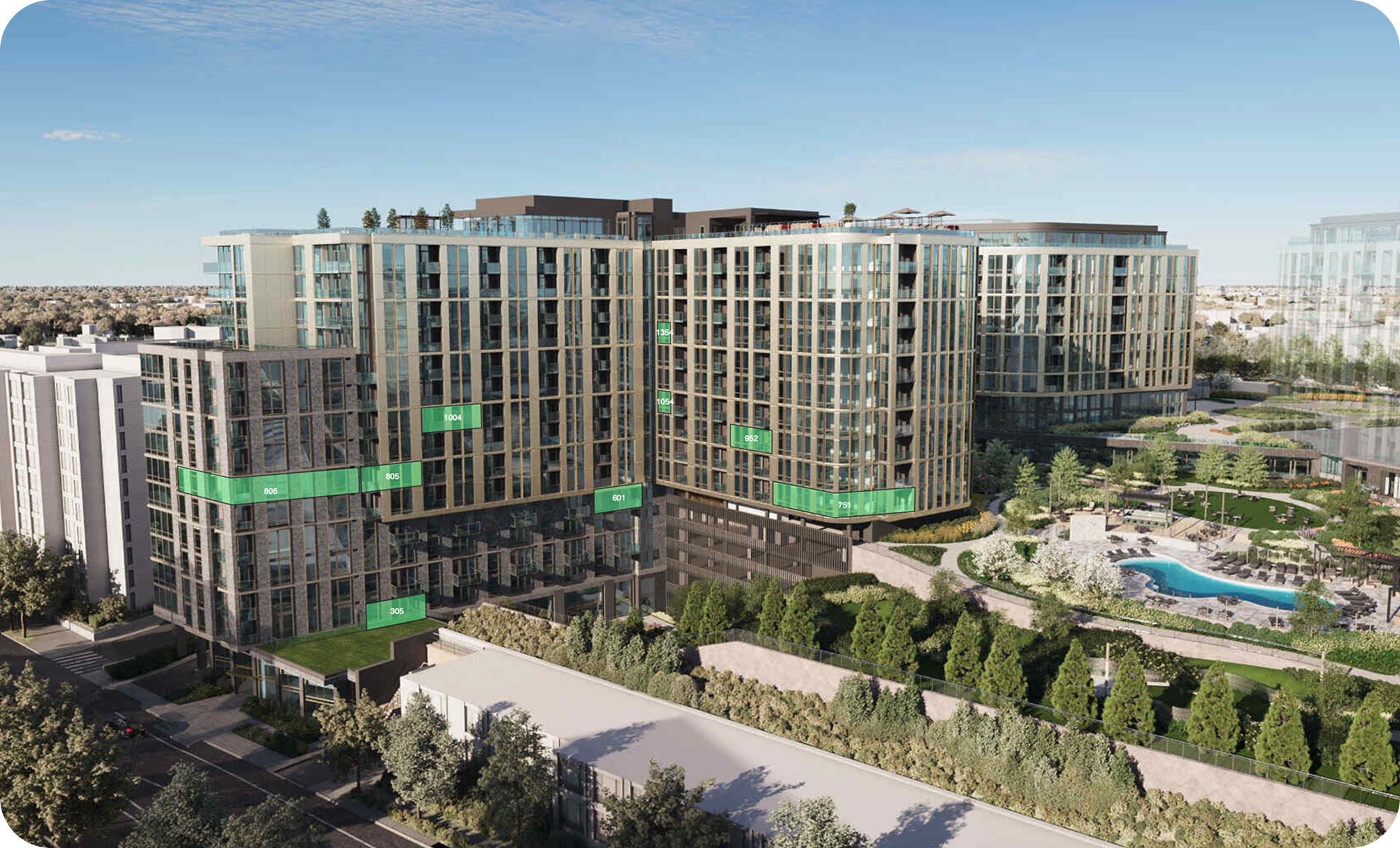 A modern multi-story residential complex with glass and beige exterior, featuring balconies, a rooftop terrace, and green digital signage displaying numbers. Surrounding the building are landscaped gardens, a swimming pool, and outdoor seating areas, with a clear blue sky overhead.