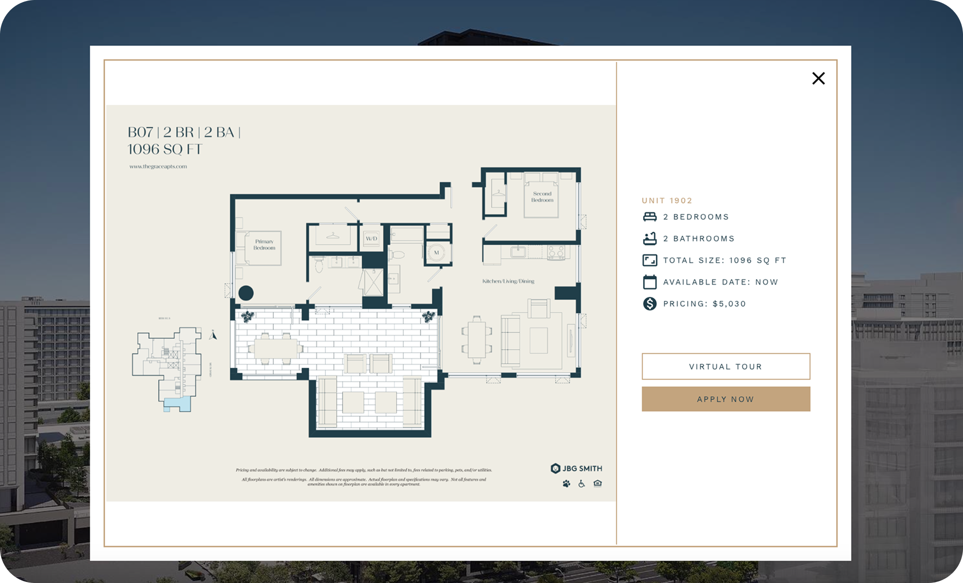 Floor plan of a modern two-bedroom, two-bathroom apartment with a kitchen, living, and dining area, outdoor balcony, and labeled rooms.
