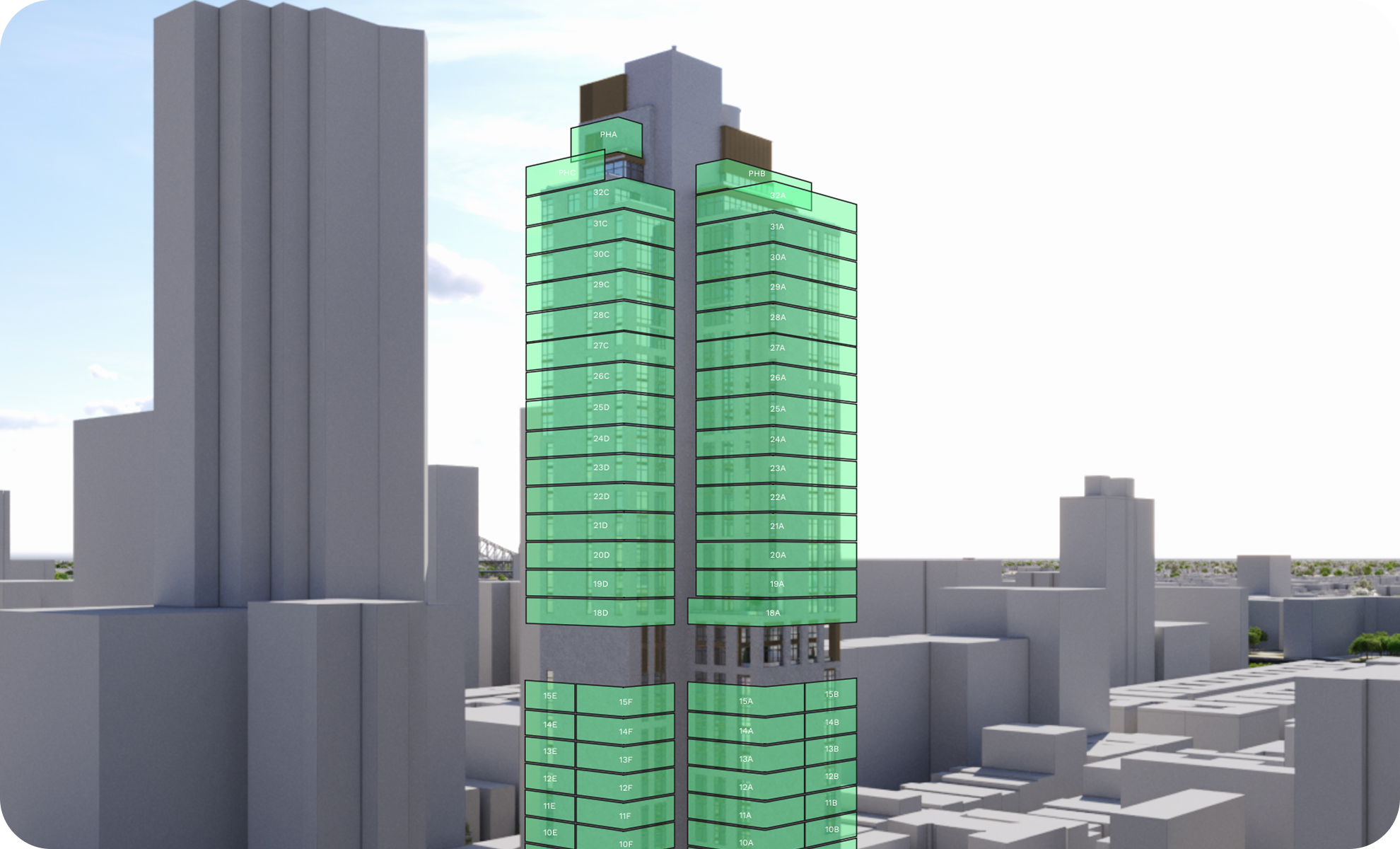 A digital rendering of a high-rise residential building with floor plans labeled on each level, set in an urban skyline background with other skyscrapers and city infrastructure.