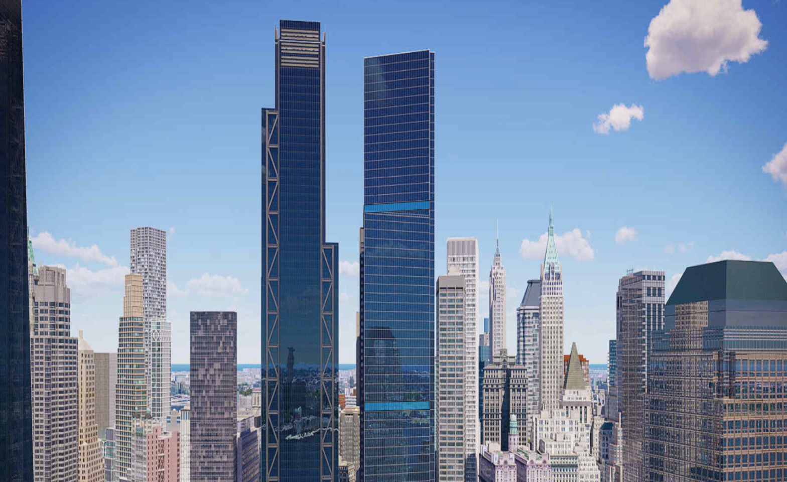 City skyline with modern skyscrapers and tall buildings under a blue sky with few clouds.