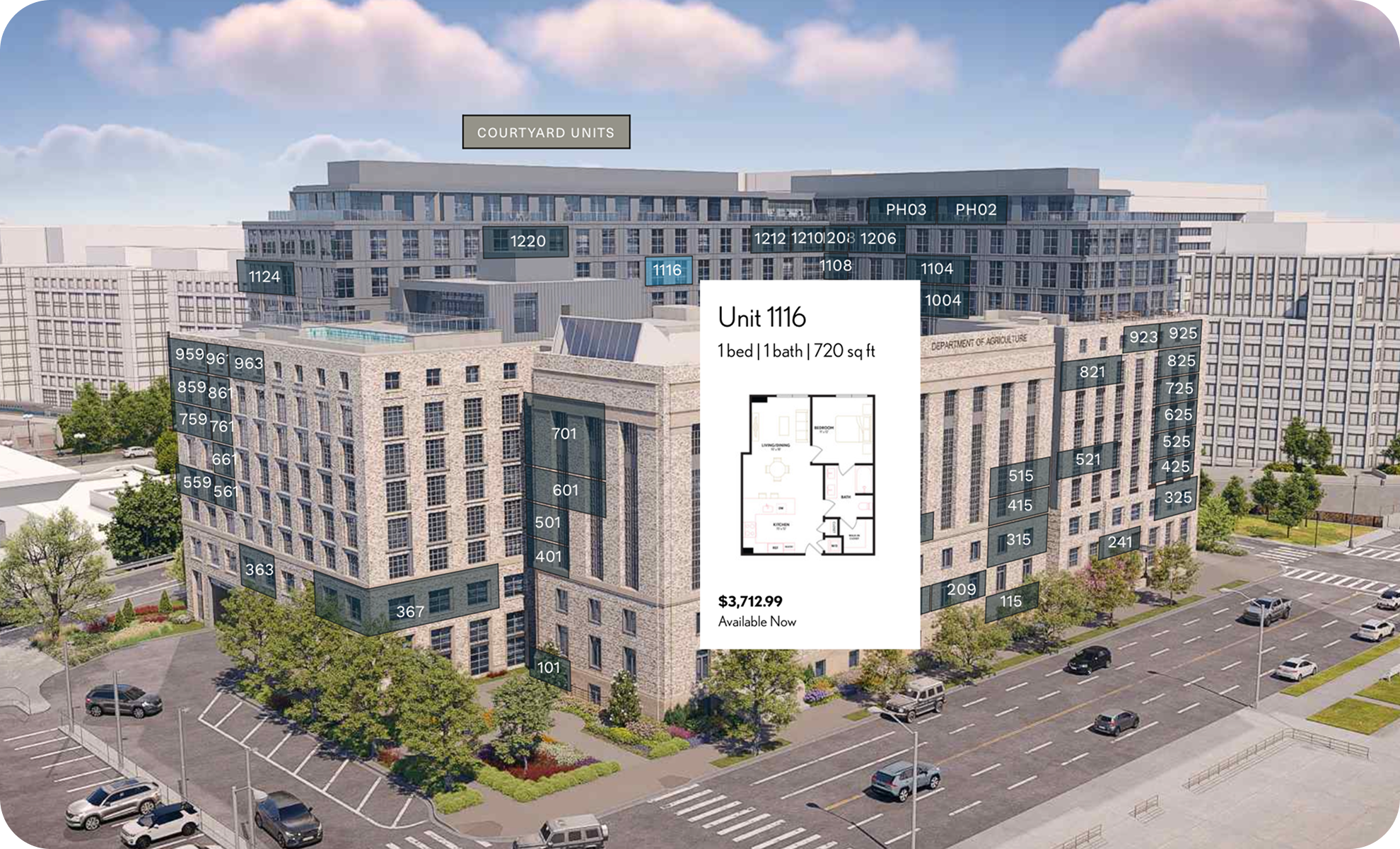 A digital rendering of a modern multi-story apartment complex with labeled units and a highlighted unit 1116. The image includes a parking lot and landscaped areas in the foreground, and a blue sky with clouds overhead.