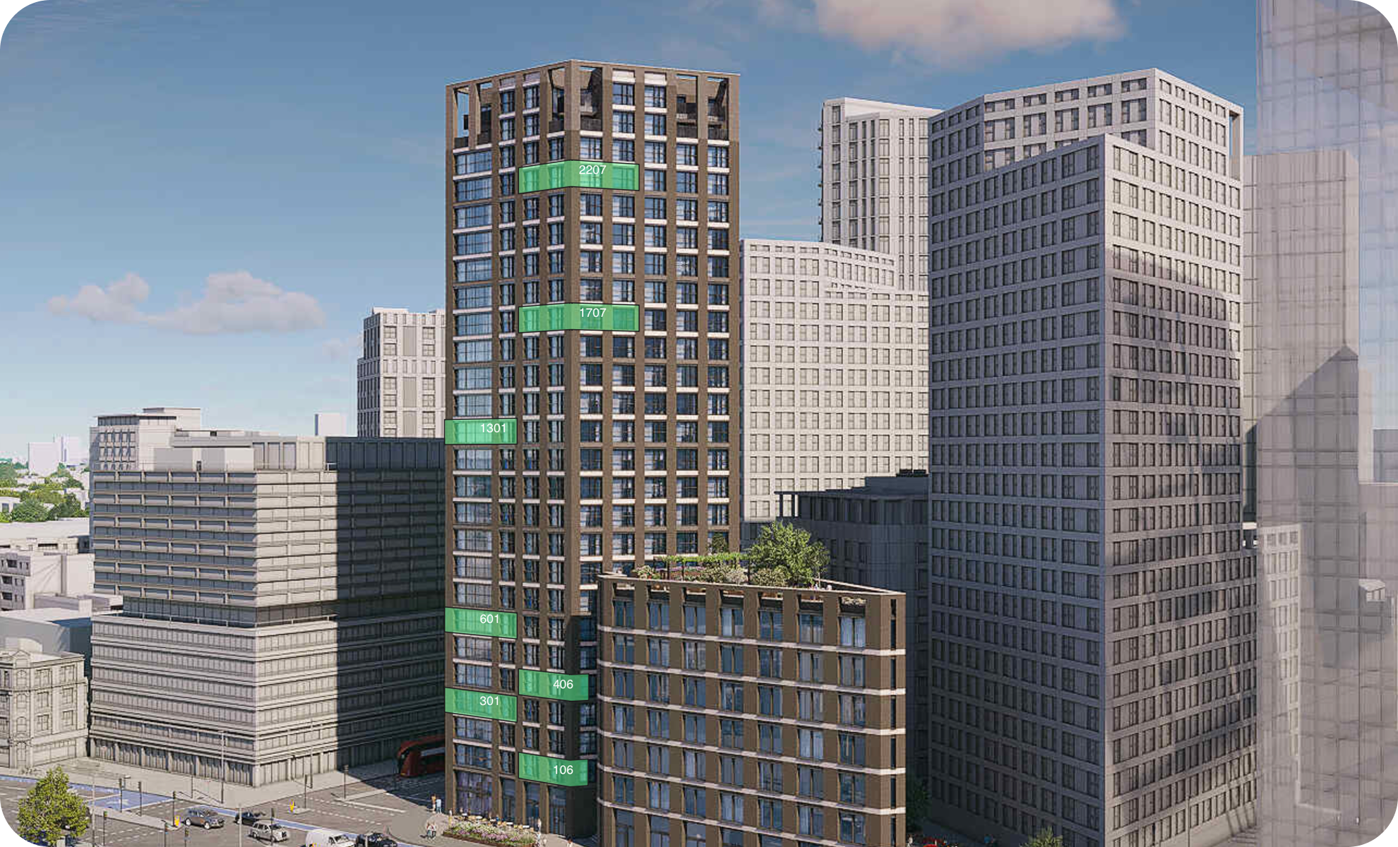 Skyline view of tall modern office buildings with green and white labels indicating floor numbers, such as 2207, 1707, 1301, 601, 301, and 106.