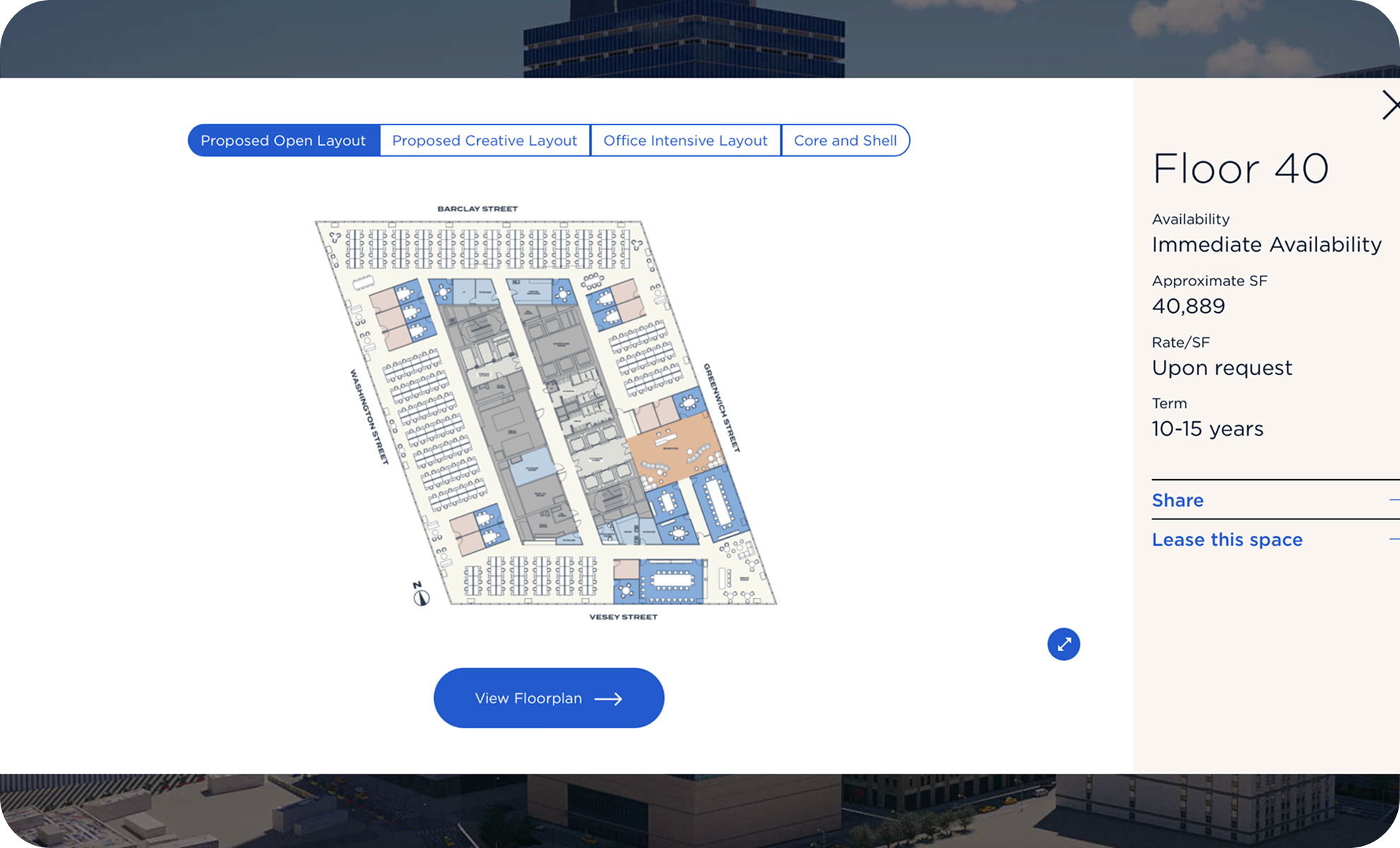 Floor 40 building leasing information and floor plan with street labels