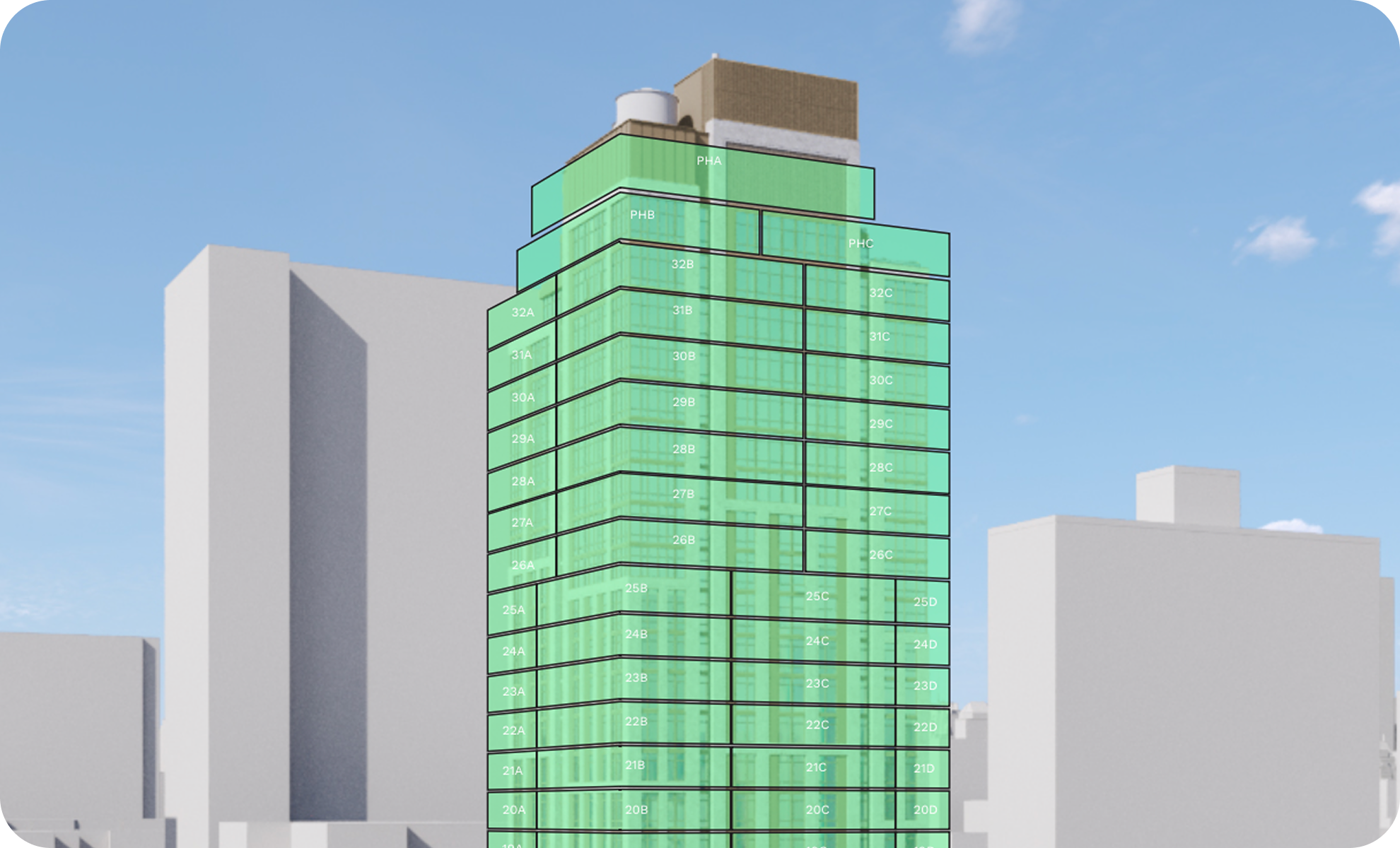 A tall green skyscraper with outlined labeled floors, including 20s to 30s, topped with a rooftop structure, with neighboring buildings and a blue sky in the background.
