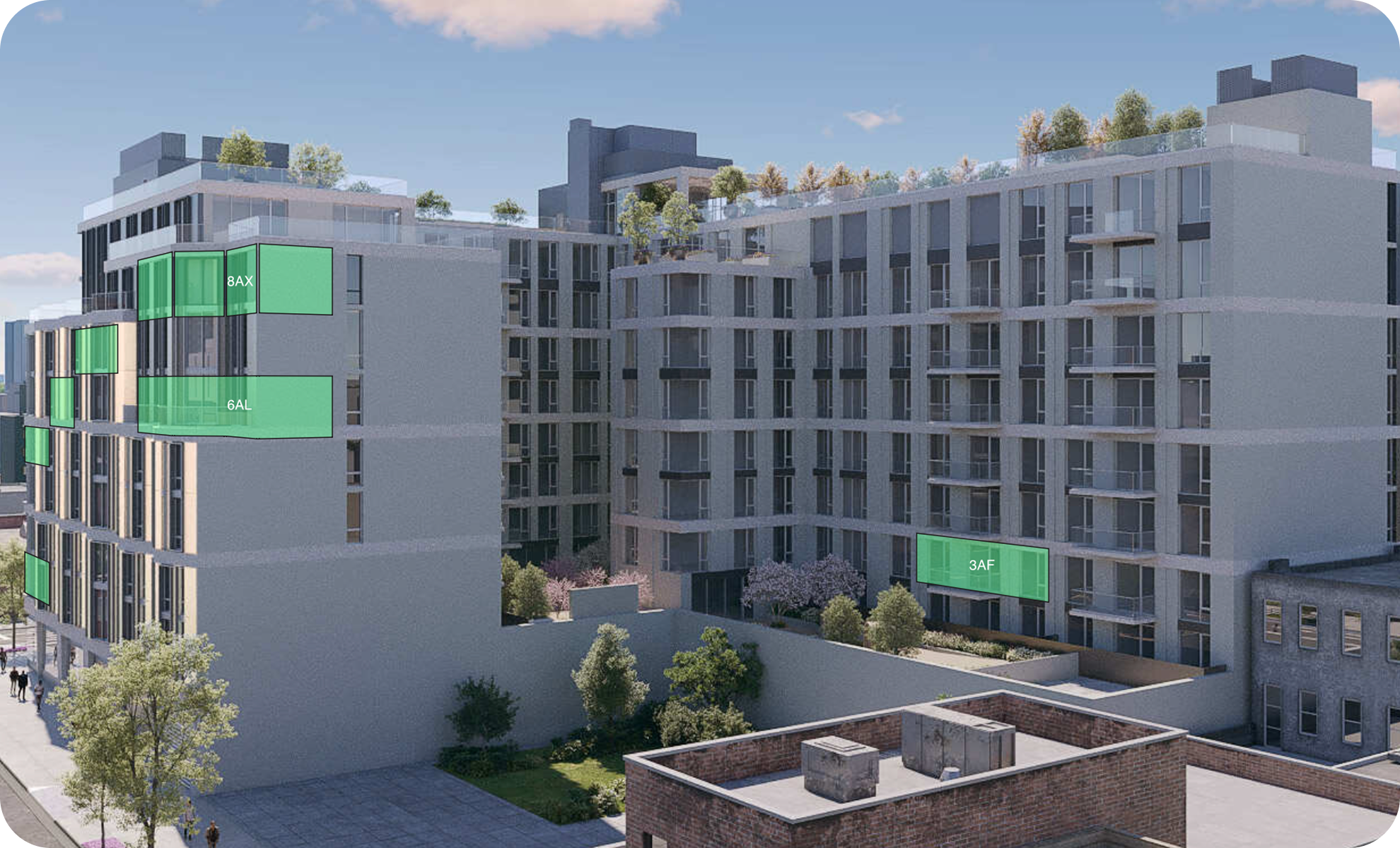 Rendering of a modern multi-story residential building with labeled green sections indicating different apartment units, including 8AX, 6AL, and 3AF, surrounded by trees and a small outdoor area.