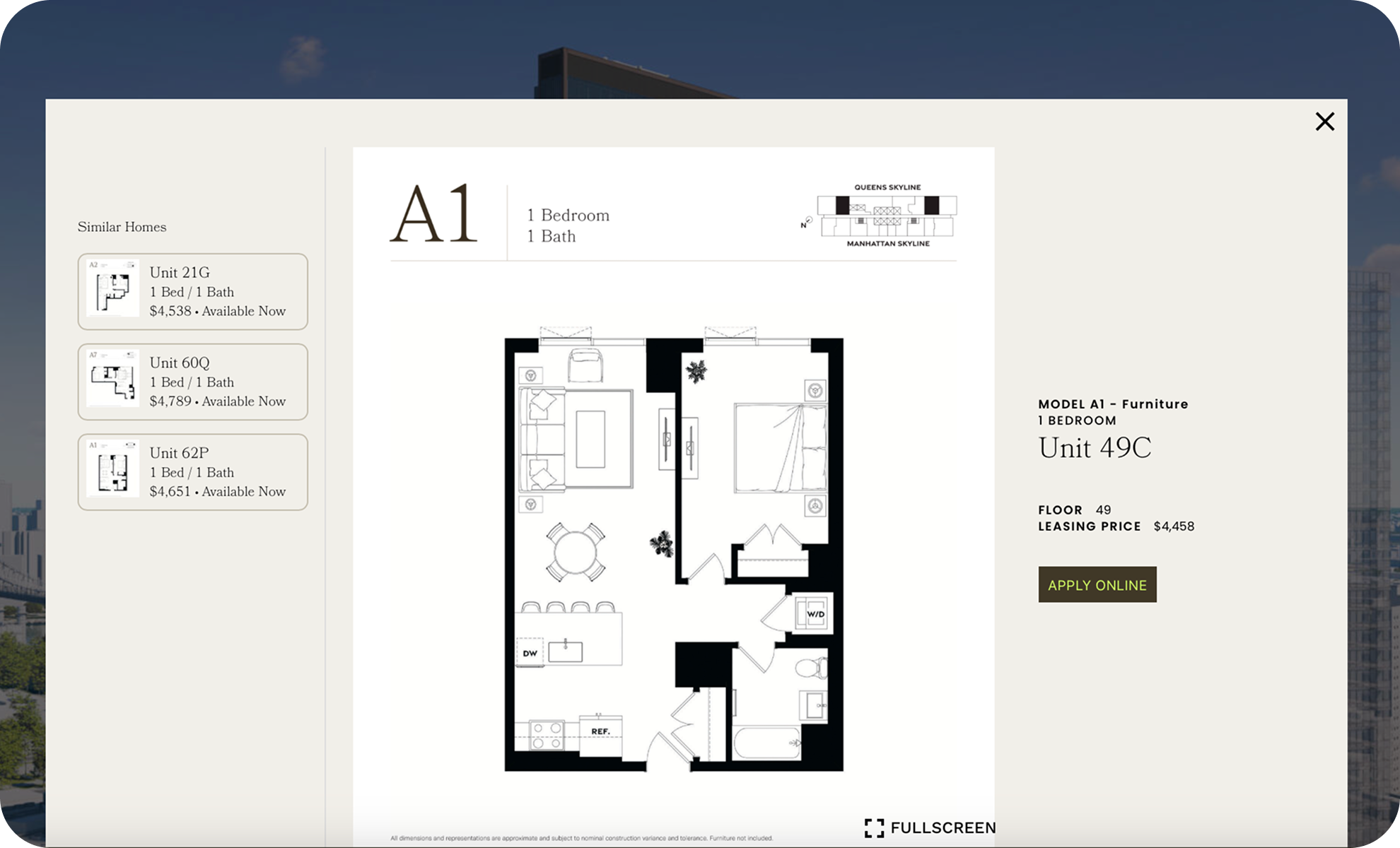 Floor plan of a one-bedroom apartment with a living area, bedroom, kitchen, bathroom, and utility closet, labeled as model A1 for unit 49C.