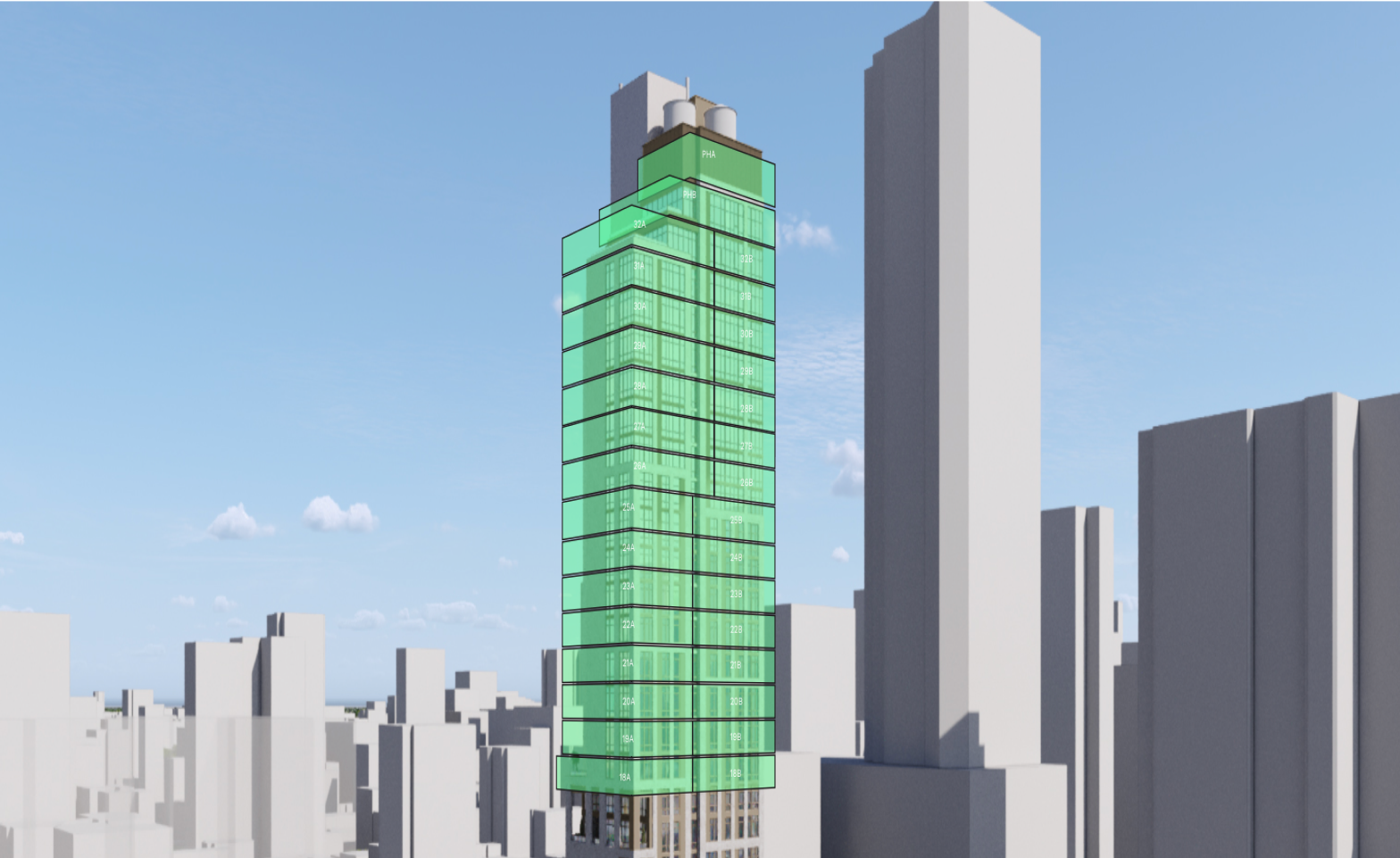 A digital rendering of a high-rise building in an urban area, with green highlighted sections indicating specific floors from 18 to 32 and labels on each. The building is under construction or renovation, surrounded by other tall buildings, under a blue sky with clouds.
