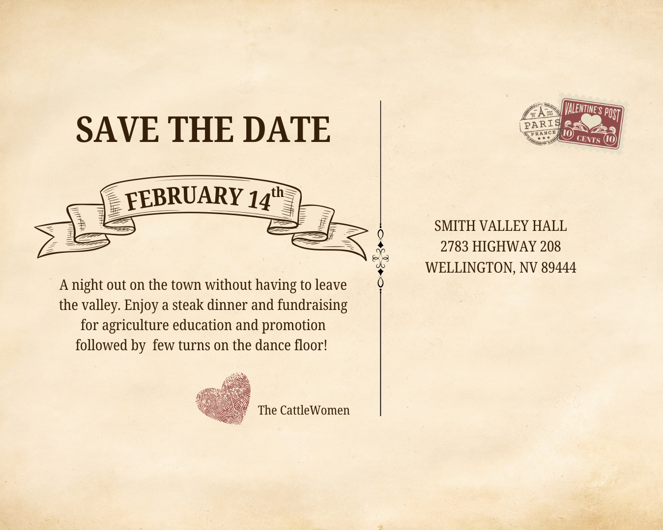save the date for annual dinner and dance on February 14th in Smith Valley