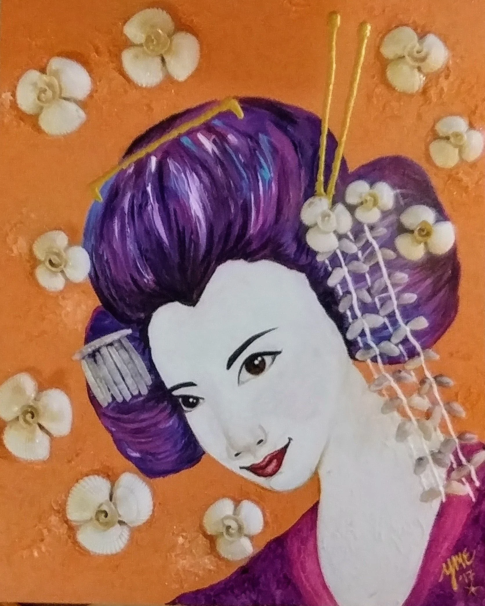 Geisha shell artwork painted by Yvette Michelle Elam