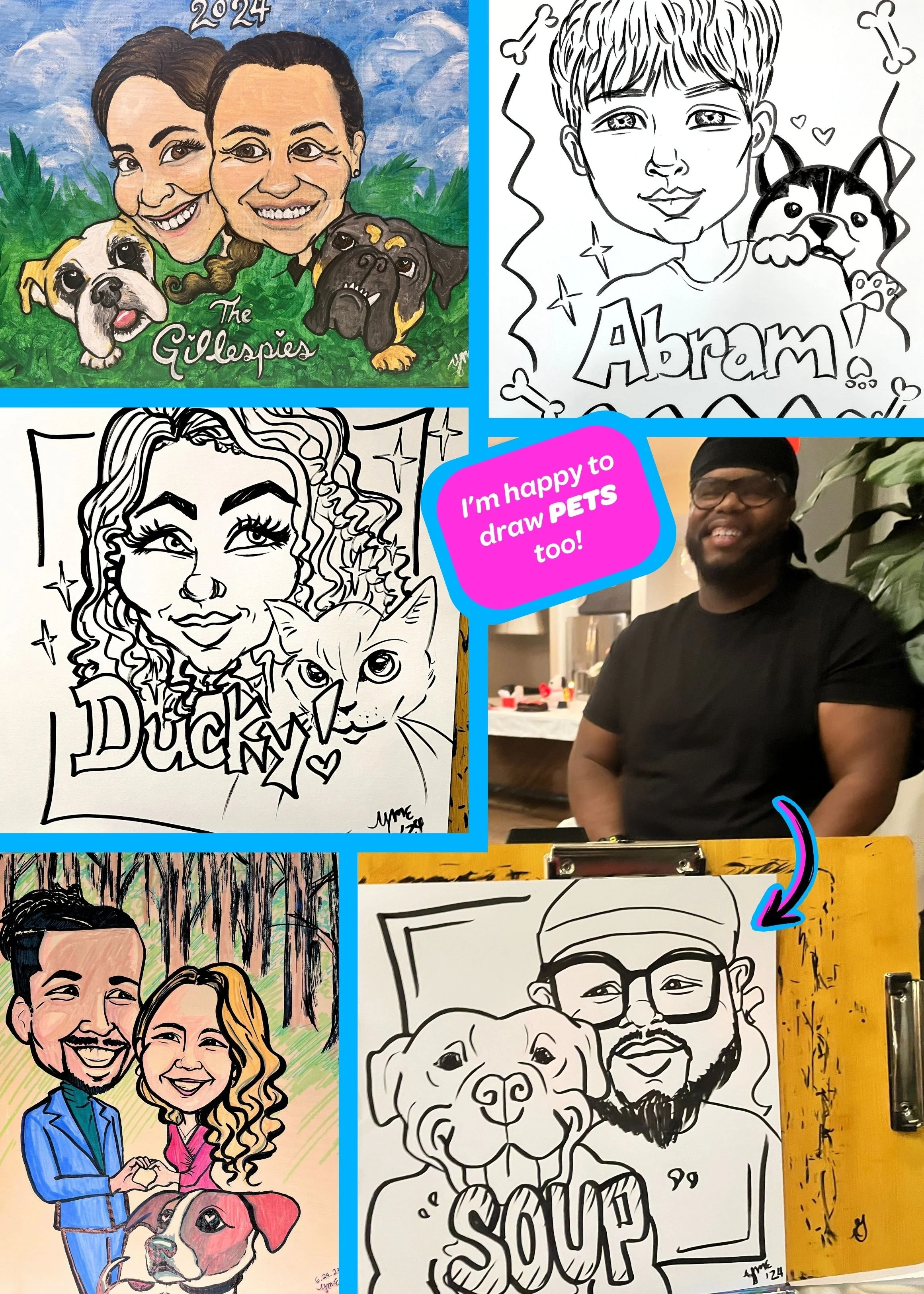 Caricatures with pets dogs cat by YME Artwork