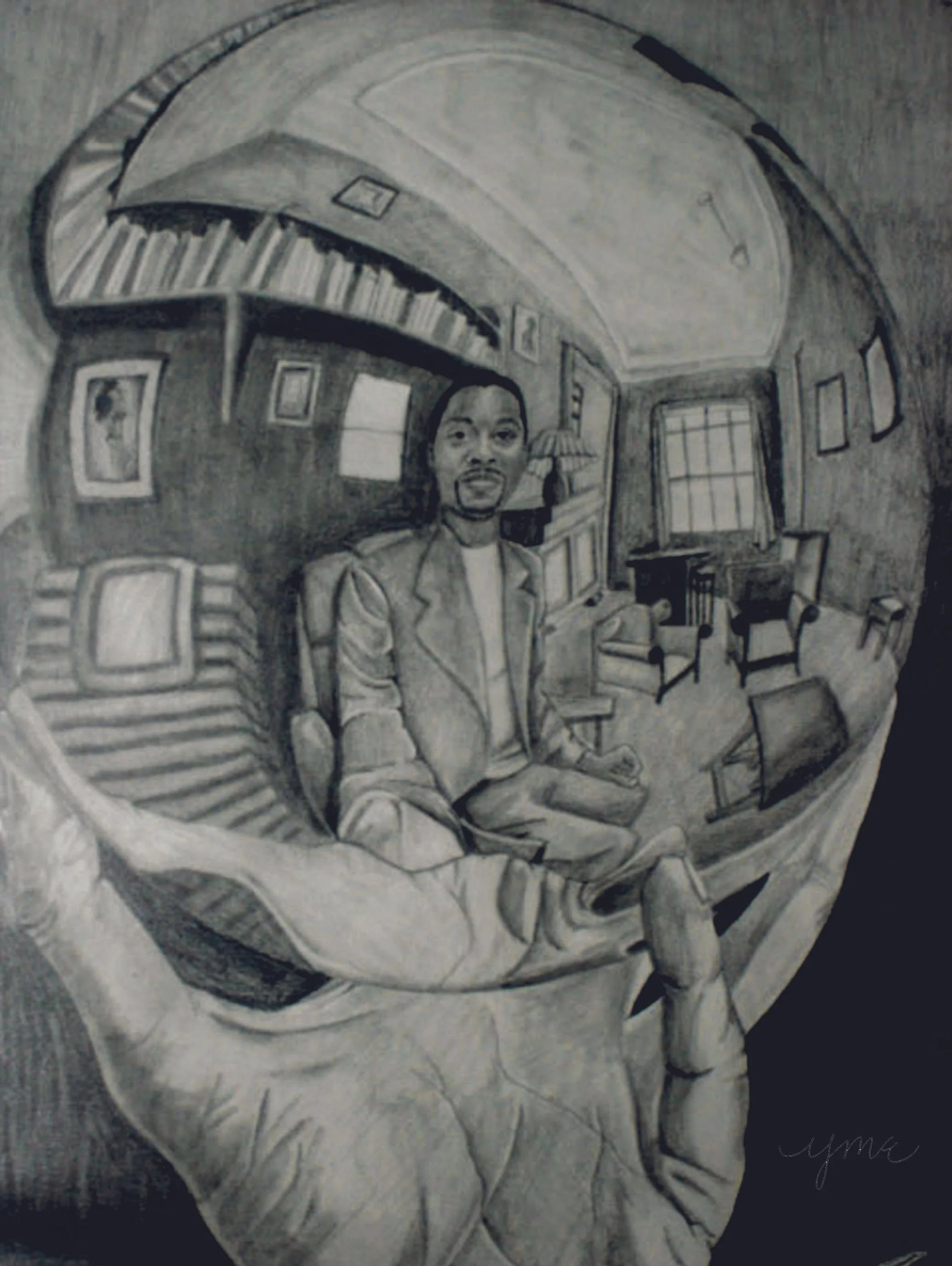 Commissioned Escher-inspired portrait drawn by Yvette Michelle Elam
