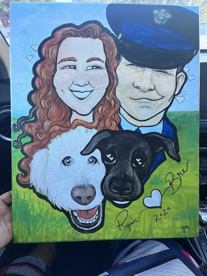 couples with dog caricature 2024.JPG