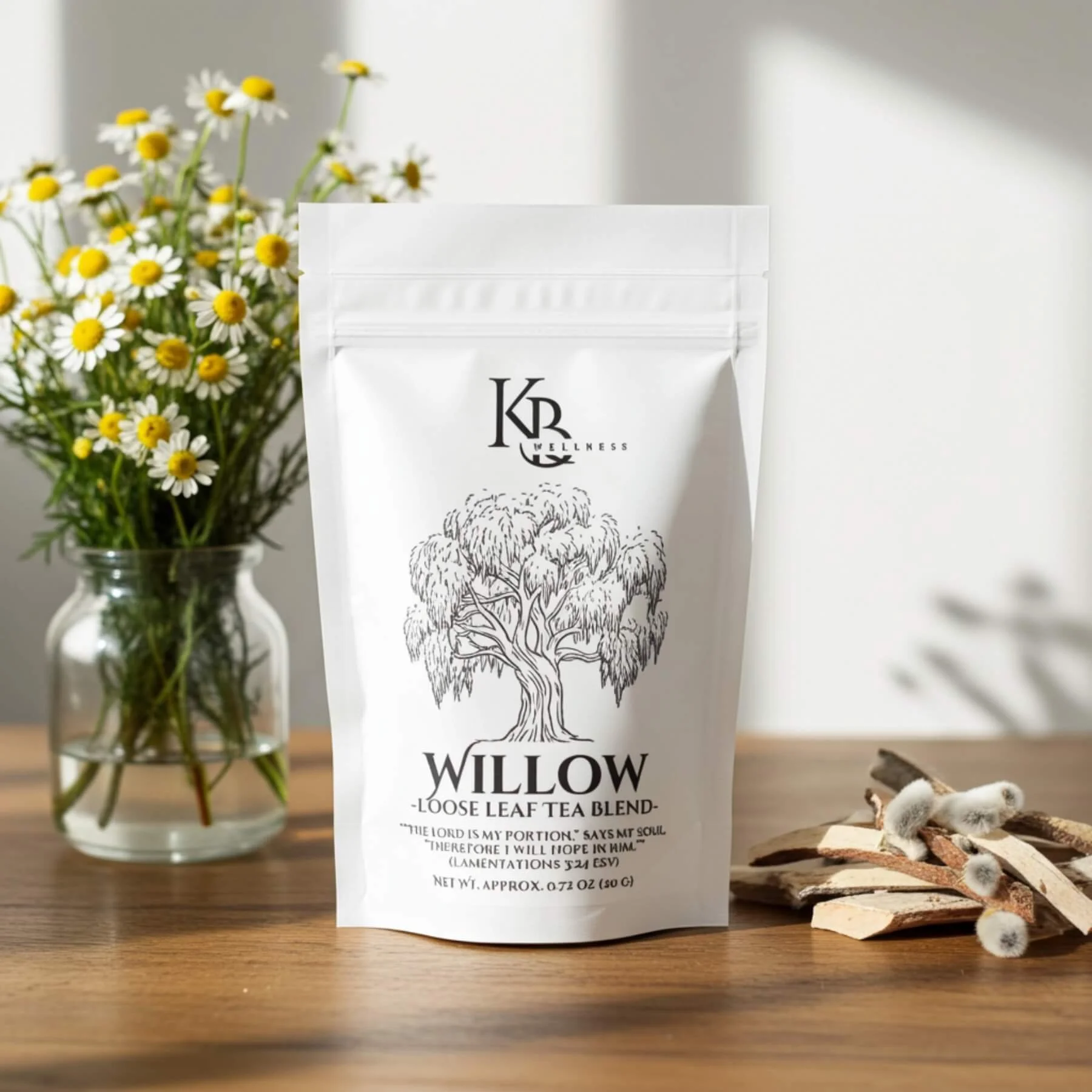 willow herbal tea on a wooden table beside a vase with chamomile flowers and a small pile of white willow bark  on the other side.