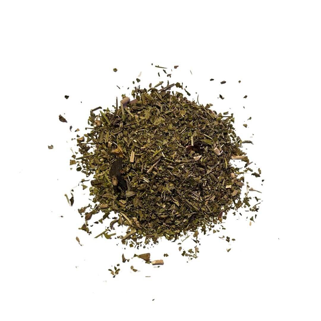 No. 22 Herbal Blend tea with a soothing mix of skullcap, passion flower, hibiscus, lemon balm, and ashwagandha, beautifully arranged as loose herbs in a neat pile.