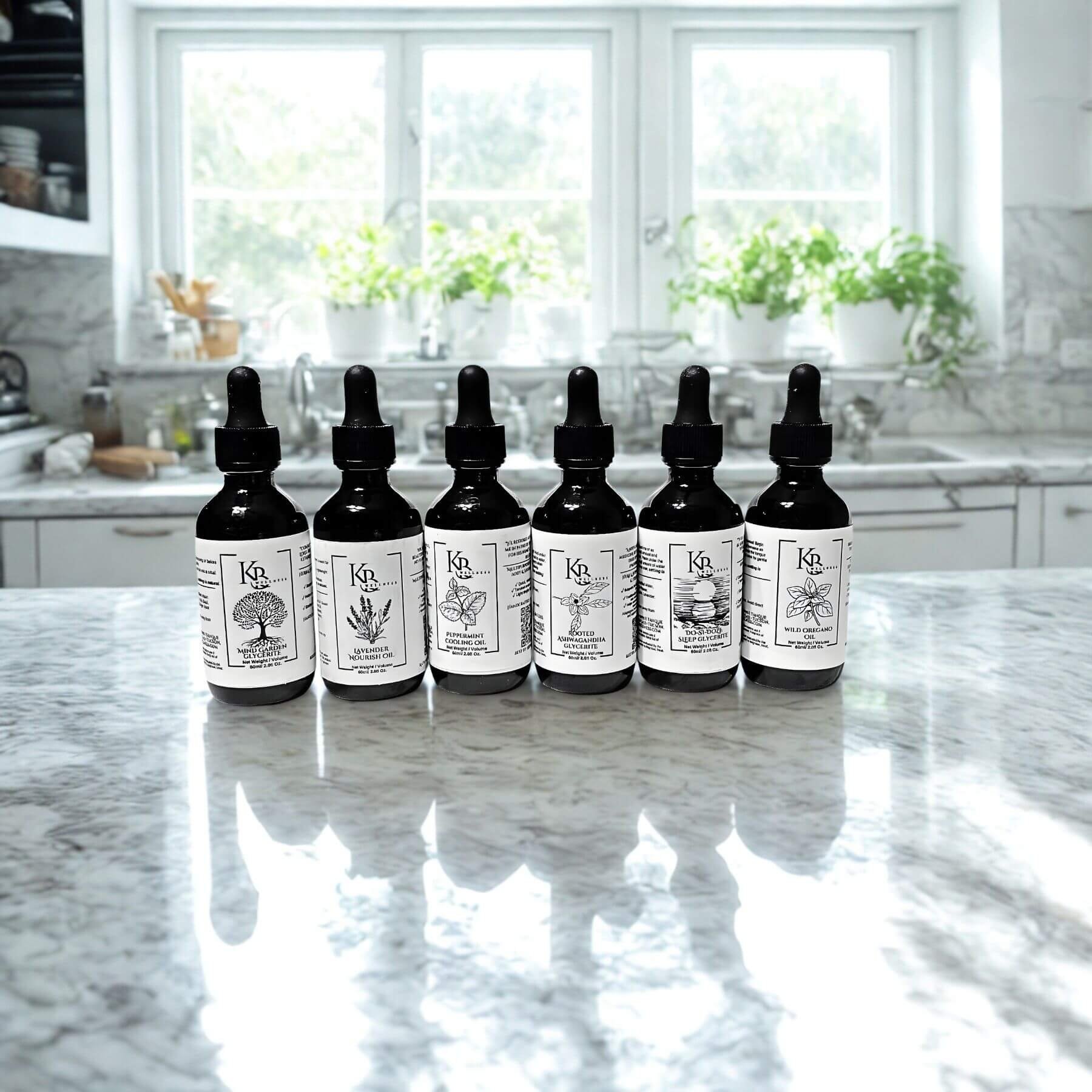 Six herbal glycerites lined up side-by-side on a country kitchen countertop.
