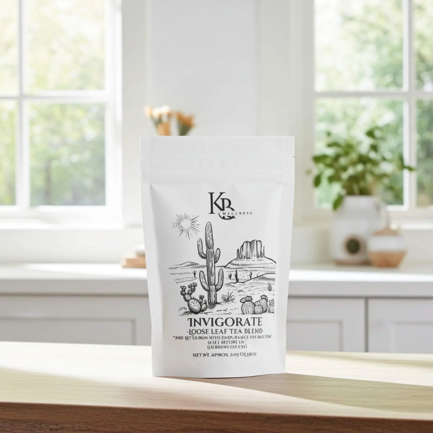 Invigorate herbal tea in it's packaging sitting on a wooden kitchen surface and a blurred kitchen background.