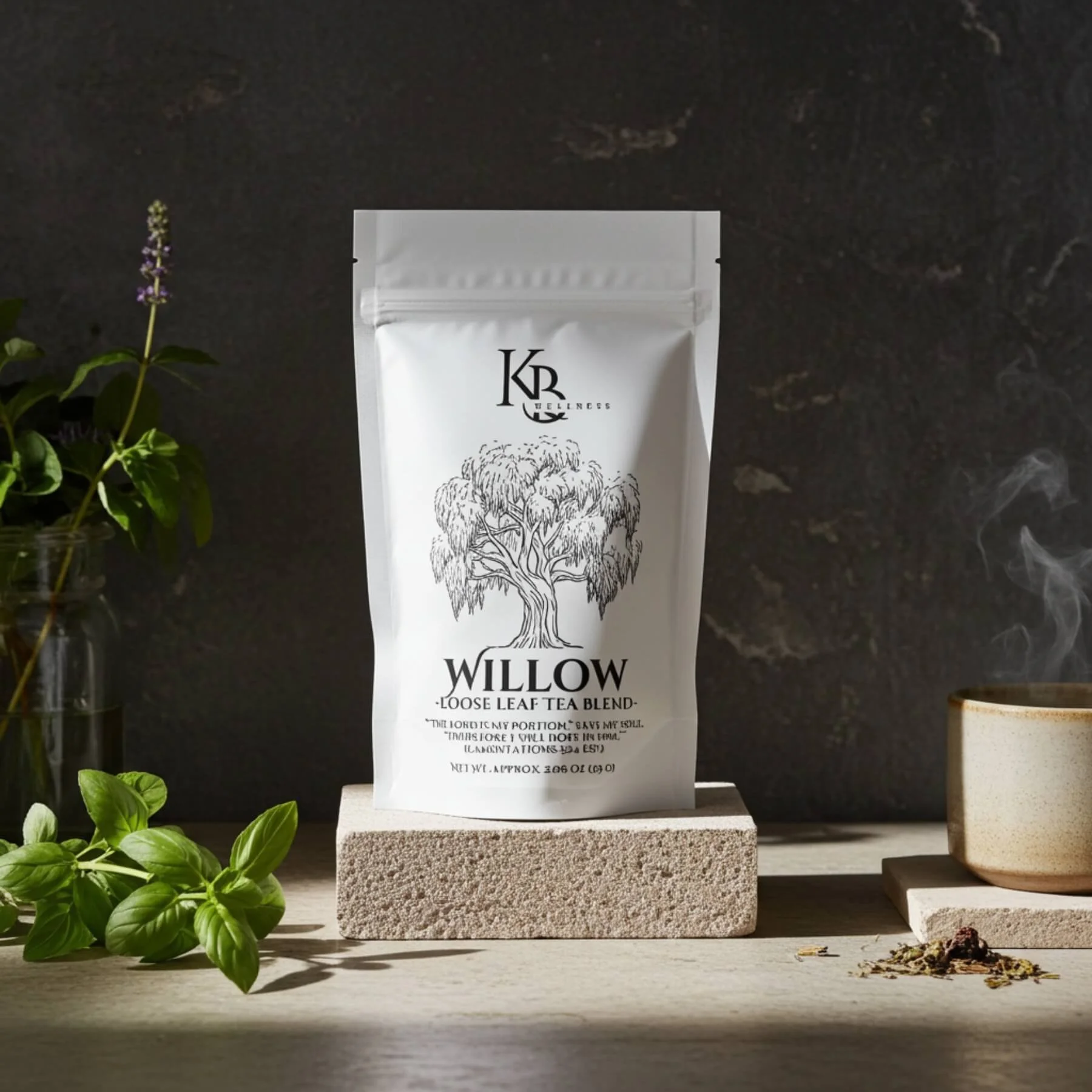 Willow herbal tea in it's packaging displayed on a stone platform with a dark background and surrounded by fresh herbs.
