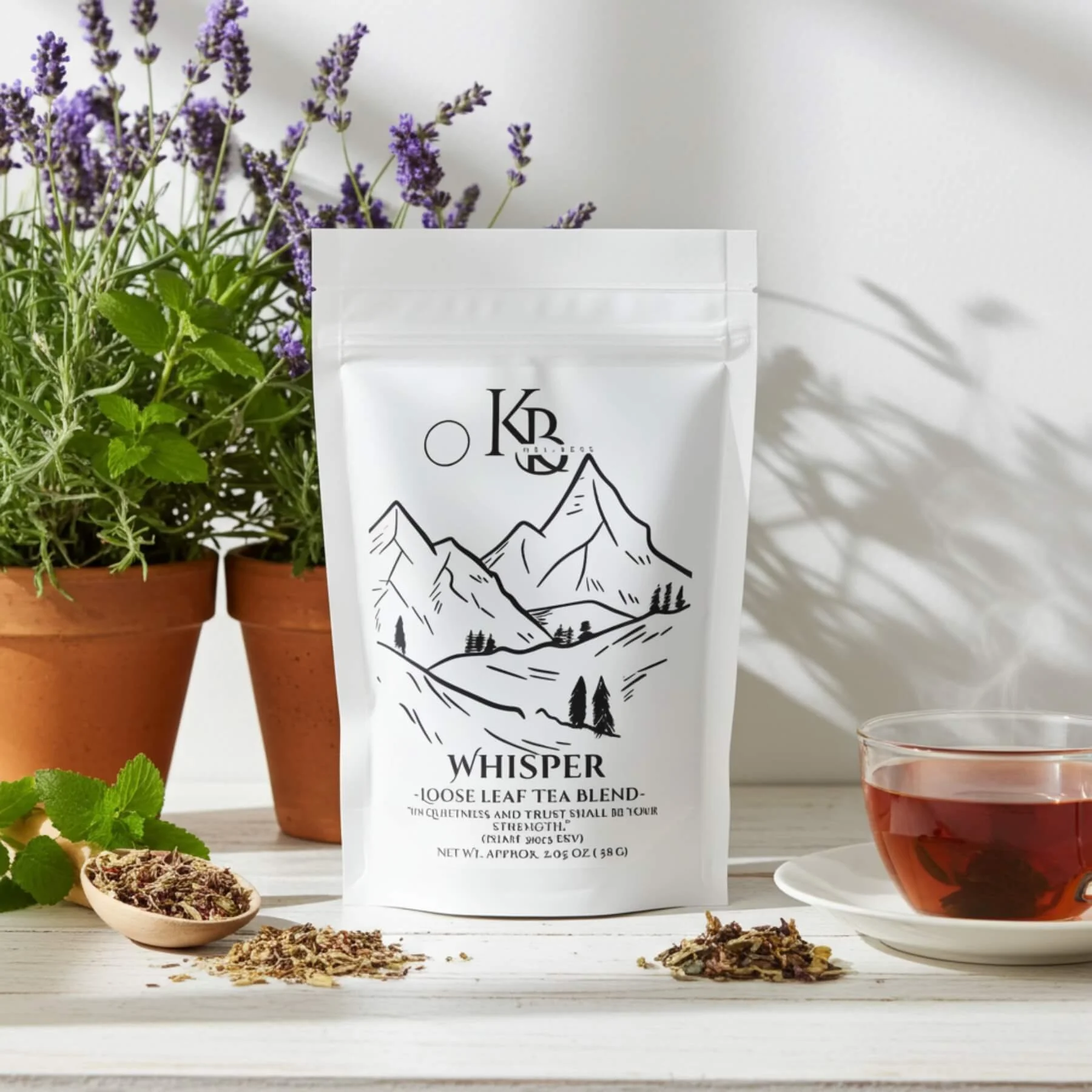 whisper herbal tea blend on a white kitchen surface beside flowering skullcap plants, dried herbs, and a teacup.