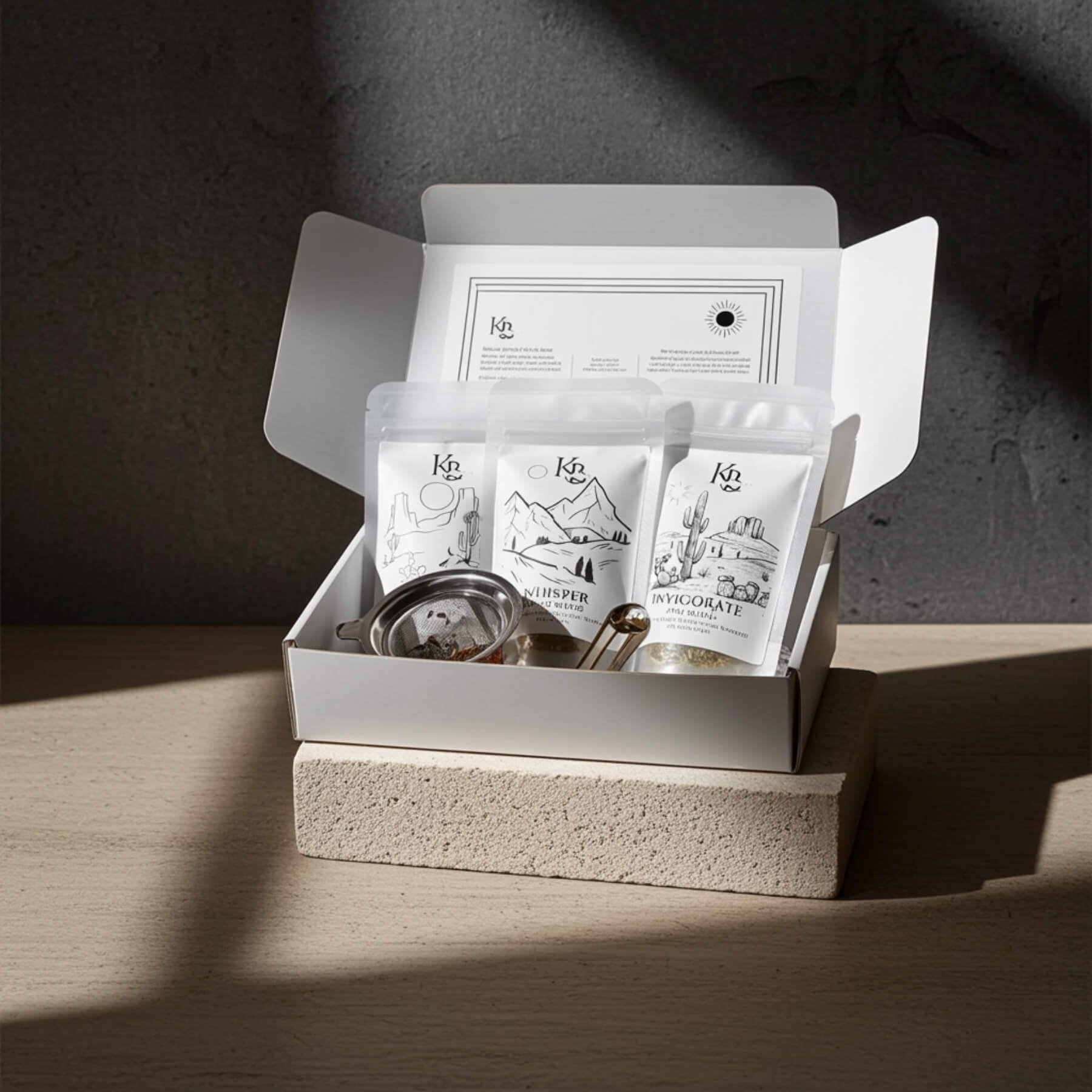 Three herbal tea blends in a white open box with a tea infuser and spoon, sitting on a stone platform and wooden surface.
