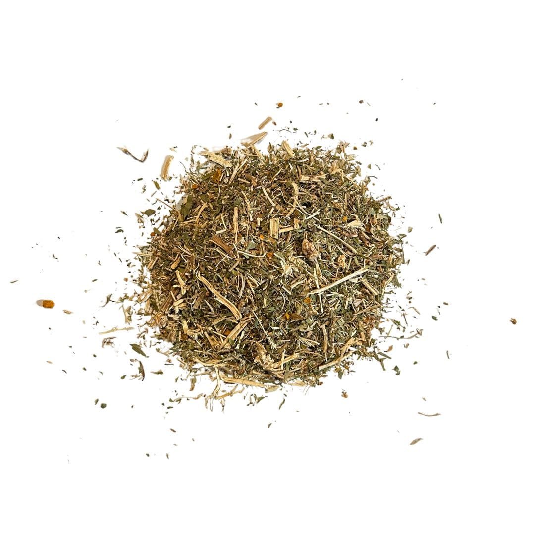 Uplift Herbal Blend tea featuring a revitalizing mix of nettle, alfalfa, turmeric, and black pepper, presented in a neat pile.
