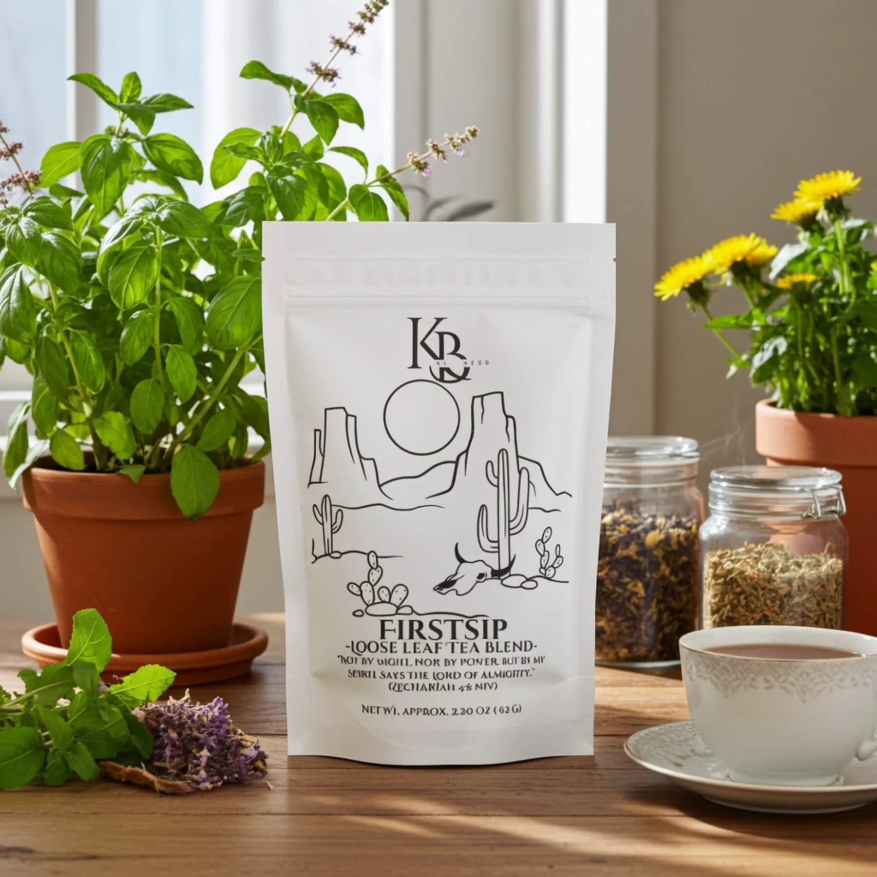 First Sip herbal tea in it's pouch displayed on a wooden table beside plants, herbs, and a teacup.