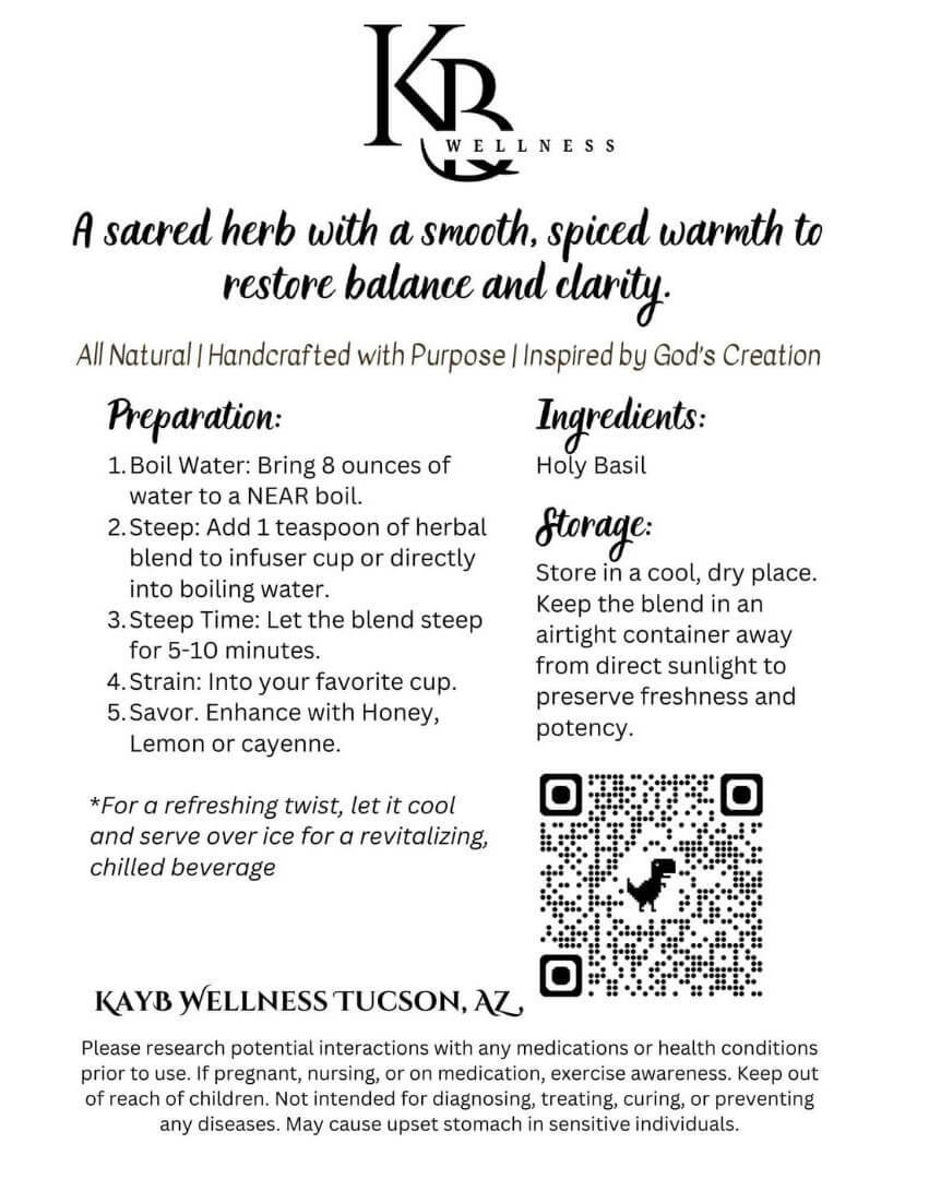 Just~ Holy Basil back label.