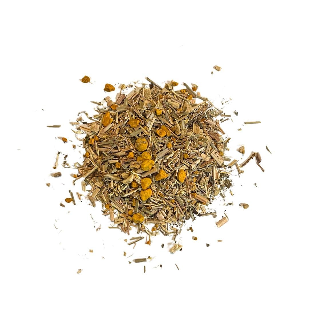 Dawning Herbal Blend tea featuring a vibrant mix of lemongrass, dandelion, ginger, turmeric, nettle, ginkgo leaf, and black pepper, displayed as loose herbs in a neat plie.