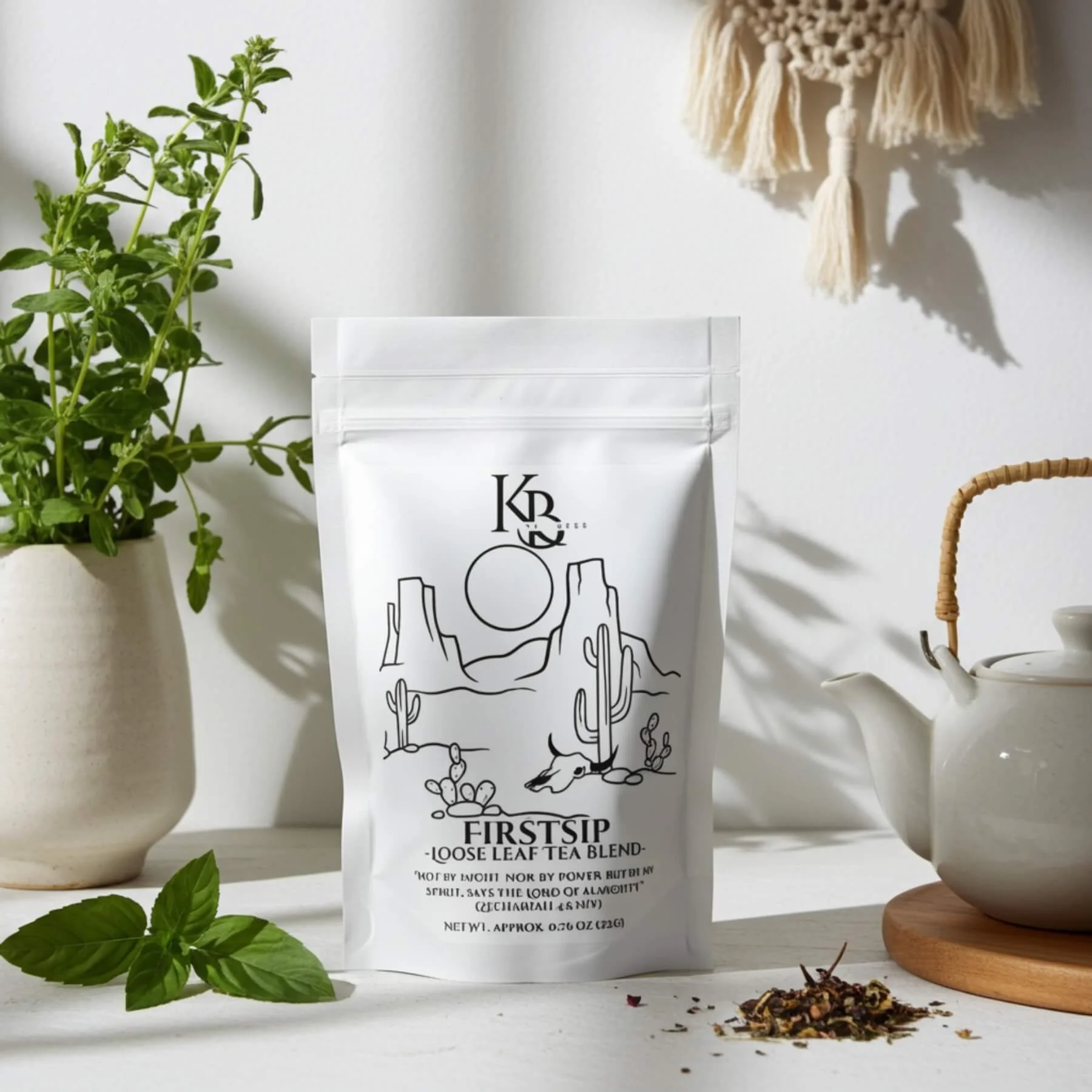 First Sip herbal tea in it's pouch displayed on a white surface next to a teapot and herbs in a planter.