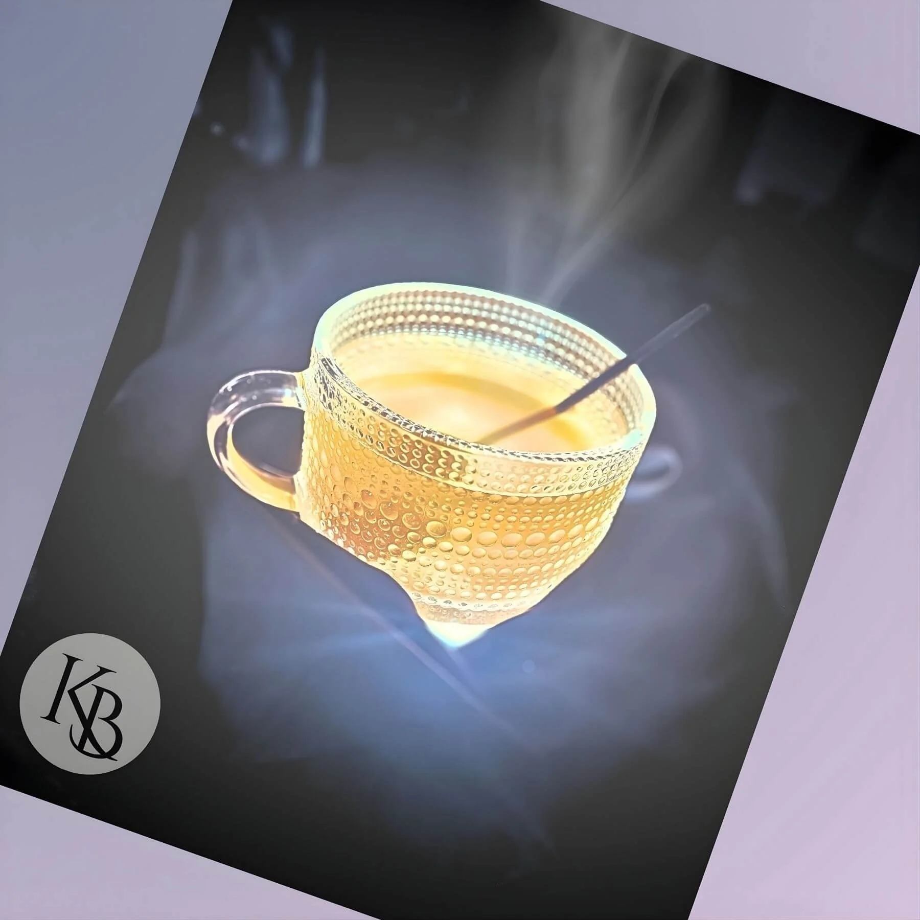 A textured glass cup filled with a light-colored beverage, with a stir stick inside.