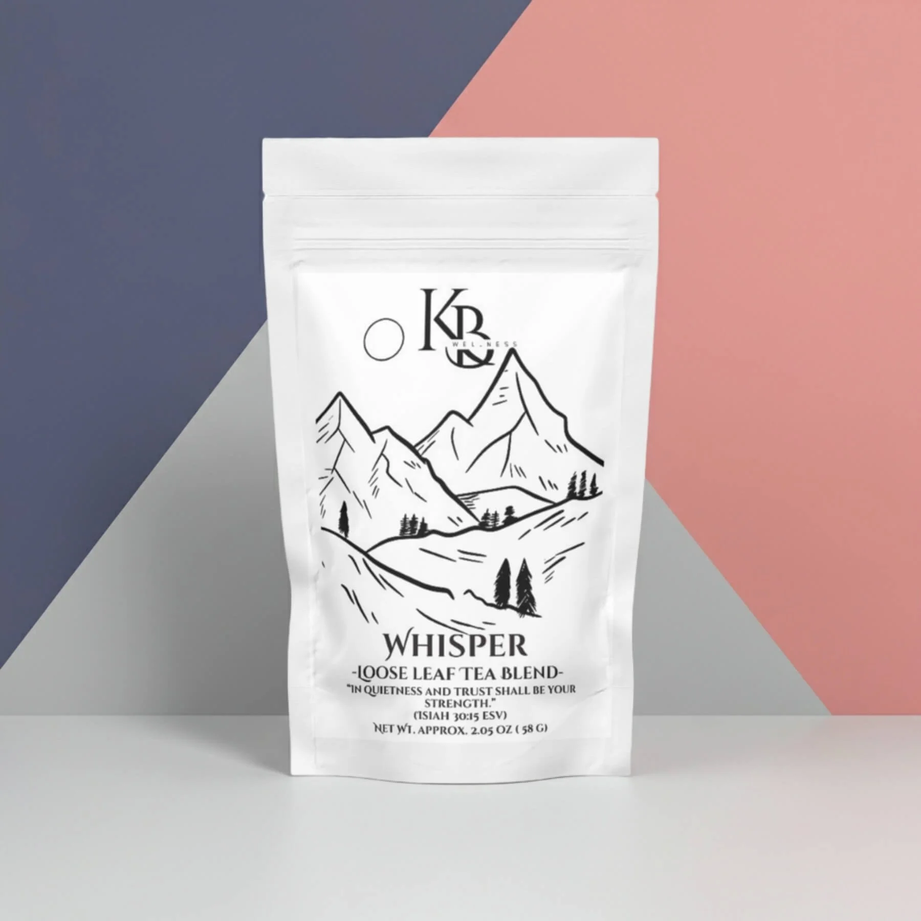 Whisper herbal tea on a clean white surface and pastel background in blue, pink and white.