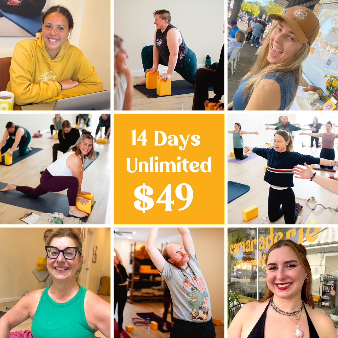 A collage of people participating in a fitness or yoga class, smiling and stretching, with text in the center offering a 14-day unlimited trial for $49.