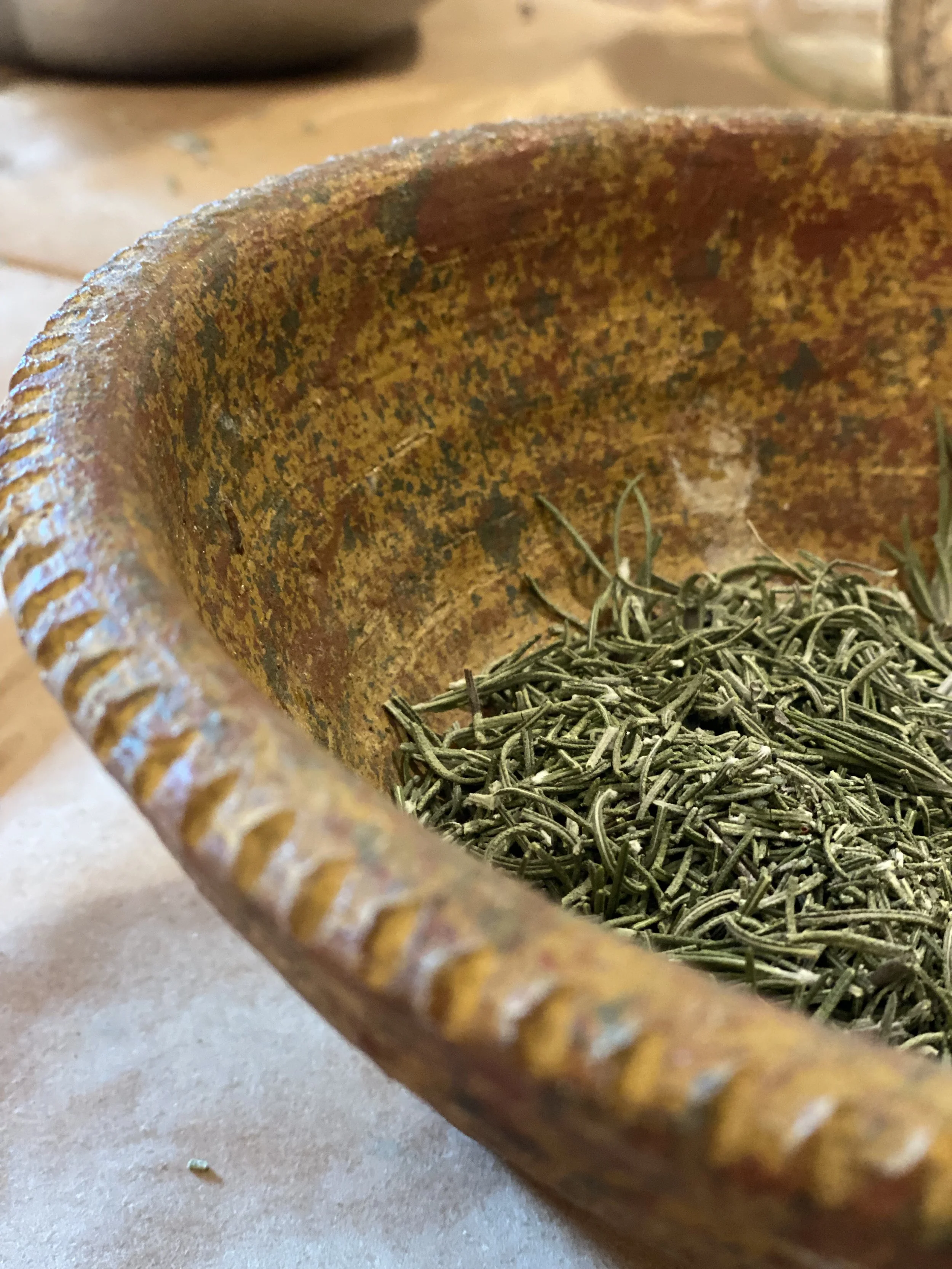 A bowl of rosemary.