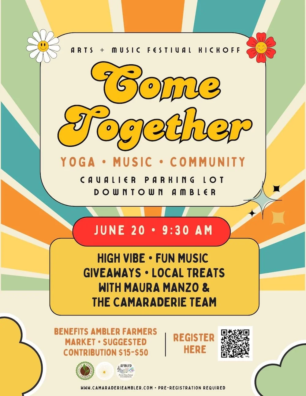 Nostalic flyer promoting Camaraderie's kickoff yoga class at Ambler's Art and Music Festival 2026