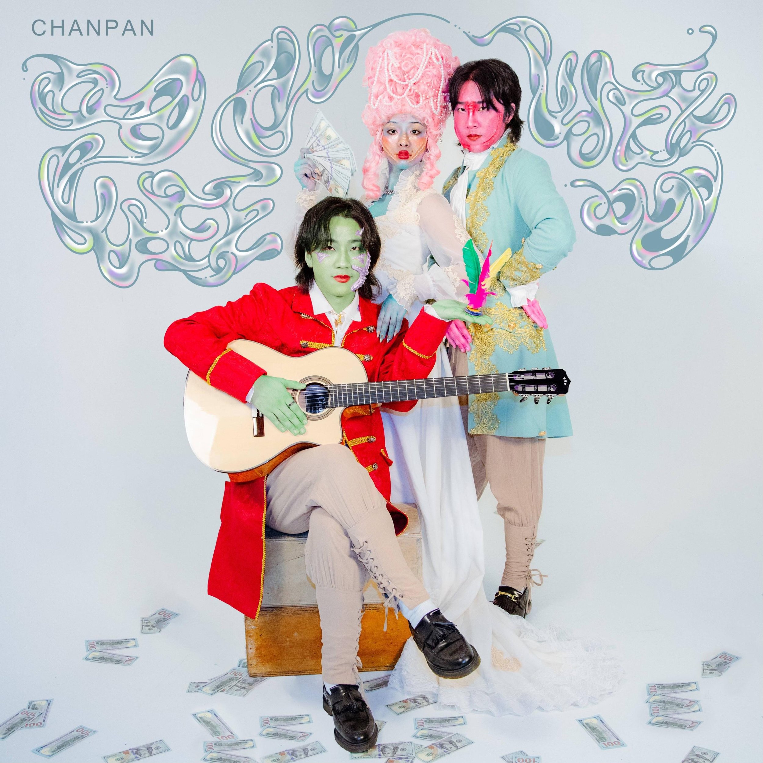 Three people dressed in colorful theatrical costumes with painted faces, one playing a guitar, surrounded by floating dollar bills, and illustrated swirling patterns in the background.