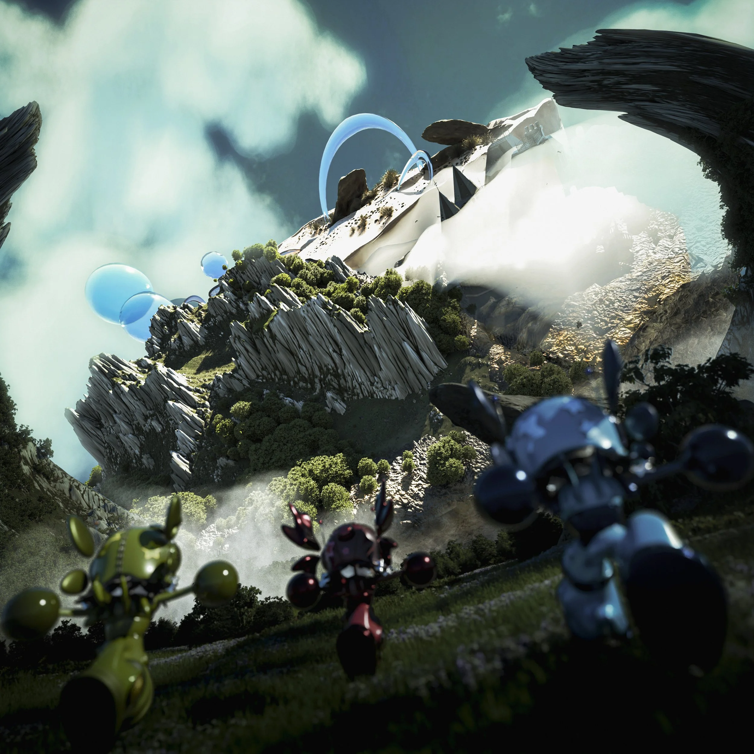 Three colorful robotic creatures with antennae are in a grassy field, looking up at a floating mountainous landscape with trees, rocks, and futuristic structures, under a cloudy sky.