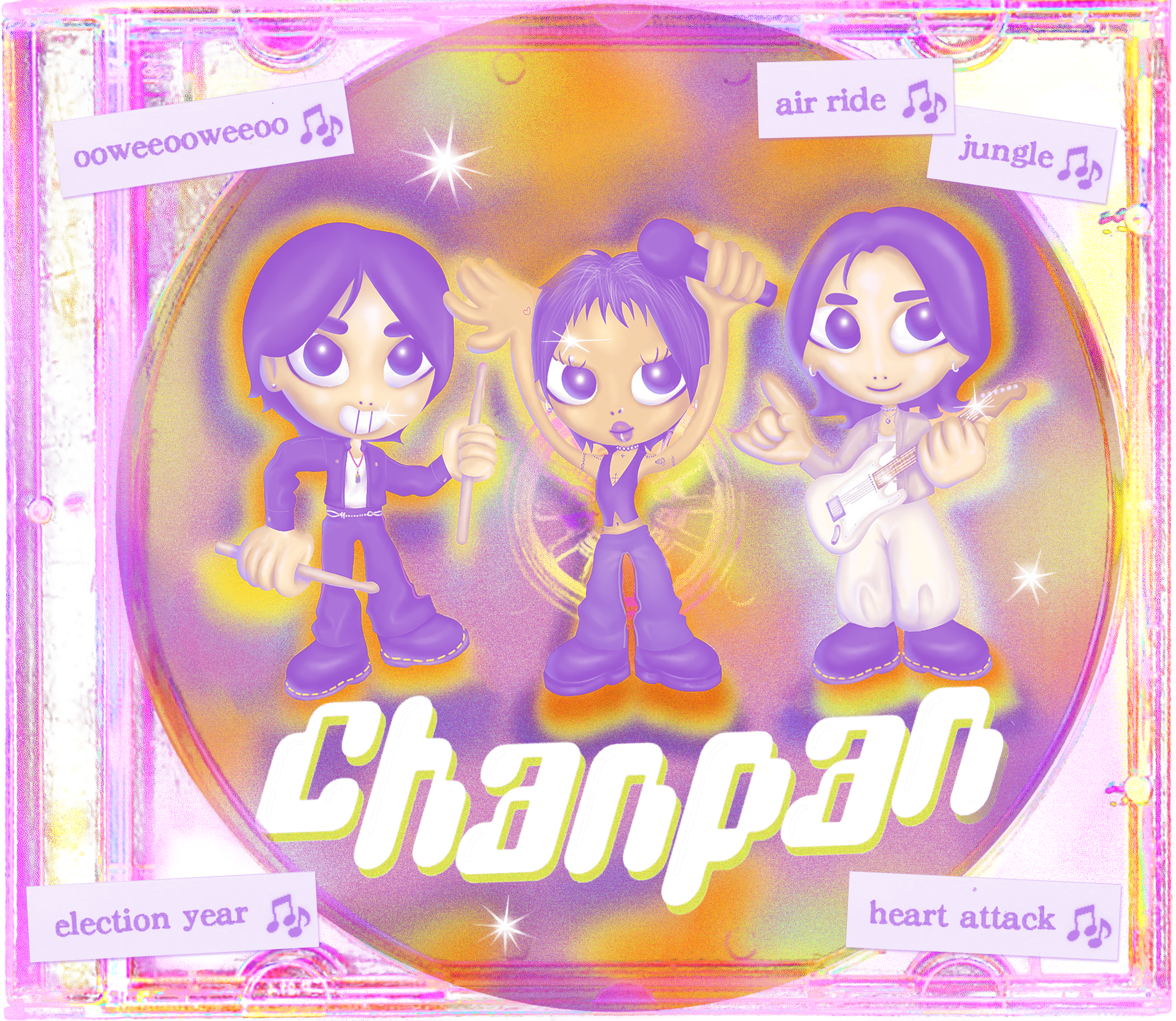 Three animated characters with large eyes and purple hair, dressed in colorful outfits, performing with musical instruments in a vibrant, pink and purple background. Text tags include "oooweeoweeoo" and "air ride" at the top, and "election year" and "heart attack" at the bottom, with the word "Chalpa" across the center.