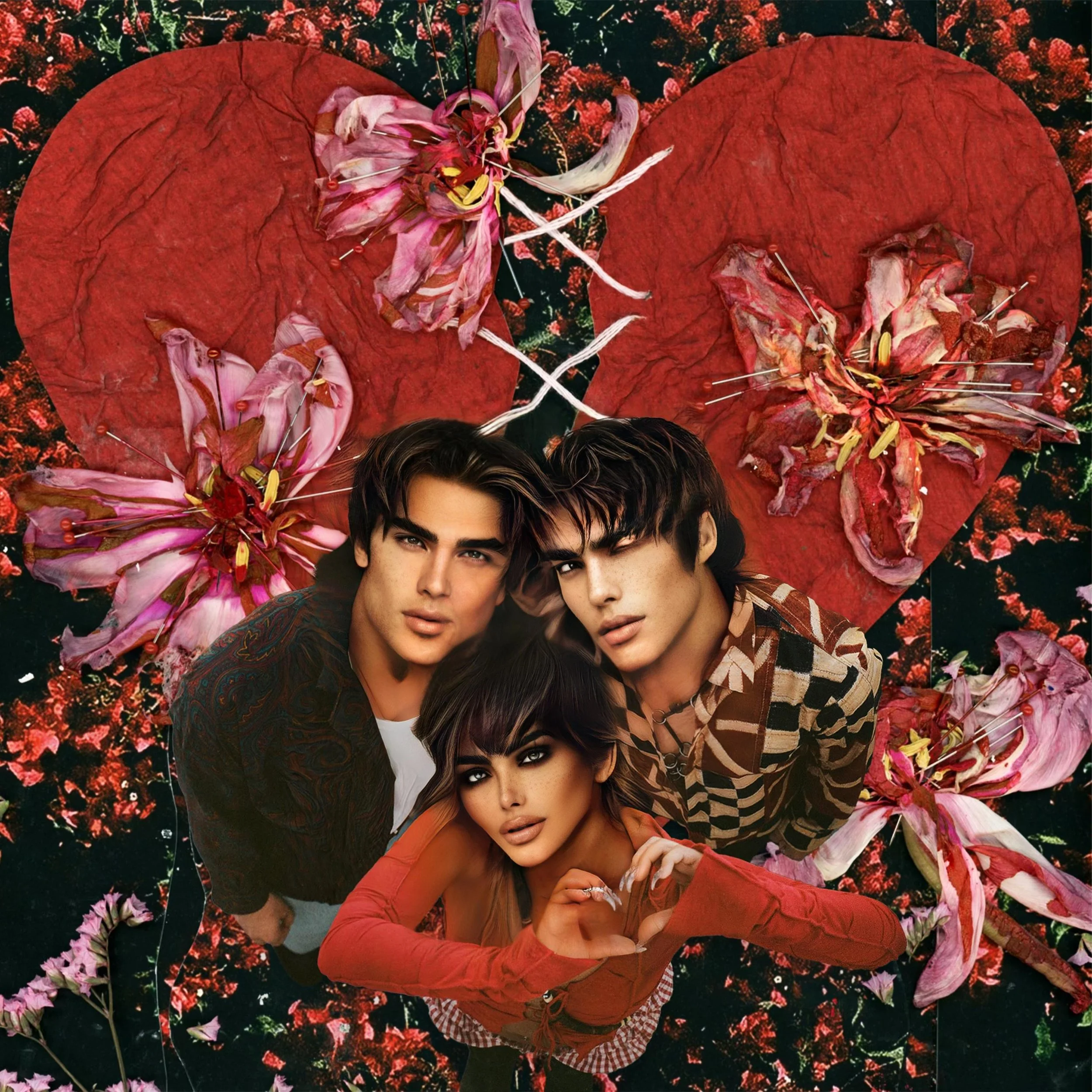 A collage featuring three young adults with intense expressions, surrounded by a large red heart made of textured material and pink lilies with pins, set against a dark floral background.