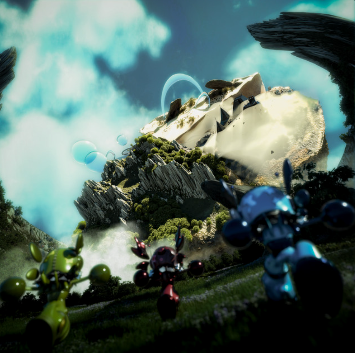 Futuristic landscape with floating rocks and lush greenery, featuring robotic creatures and a motorcycle in the foreground under a bright sky with clouds and rings orbiting a mountain.