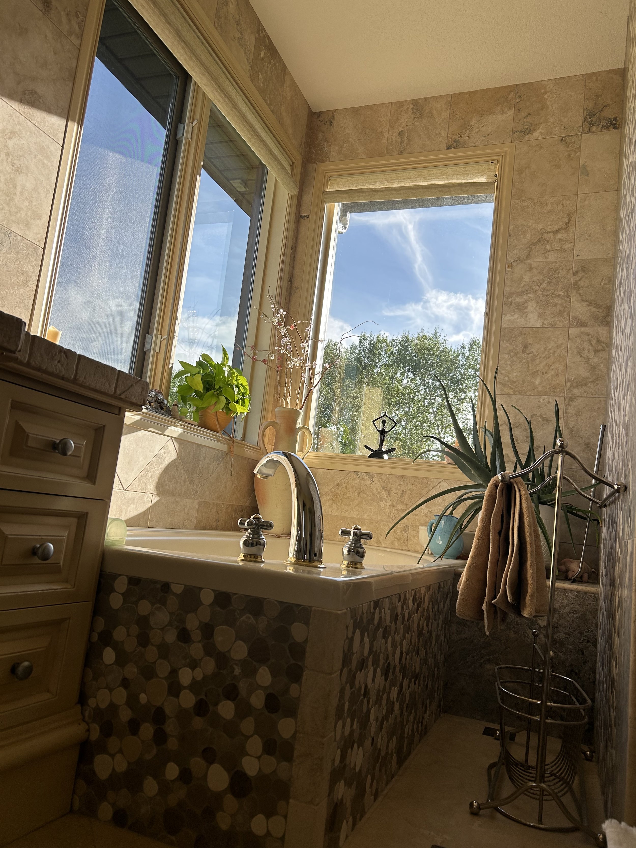 Bathroom with a bathtub beneath two large windows, sunlight streaming in, decorated with plants and small decorative objects.