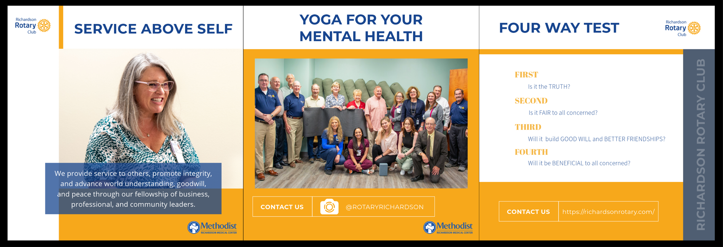 Flyer for Richardson Rotary Club promoting service above self, yoga for mental health, and a four-way test, featuring a photo of a woman with glasses and gray hair, a group photo of diverse people, and contact information with Methodist logo.
