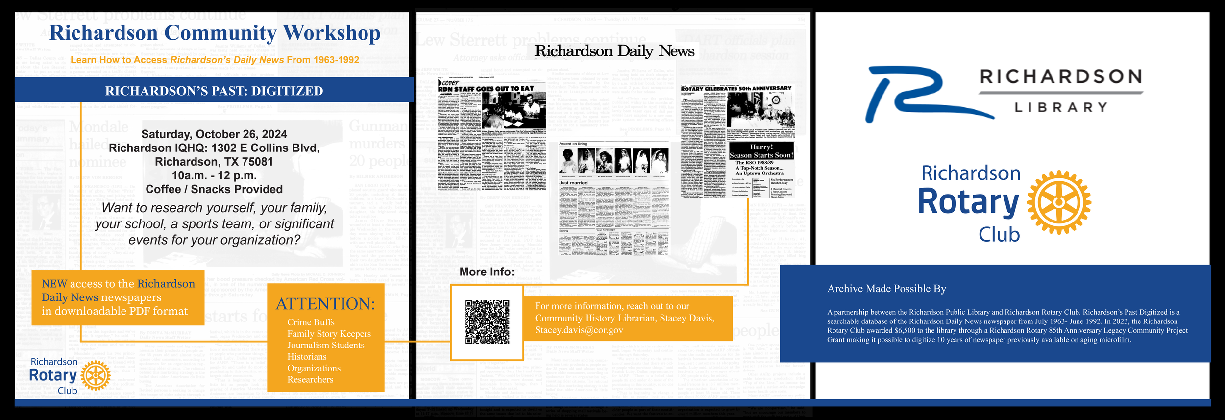 Flyer for Richardson Rotary Club community workshop on October 26, 2024, at Richardson IQH, featuring event details, QR code, and logos for Richardson Library and Rotary Club.