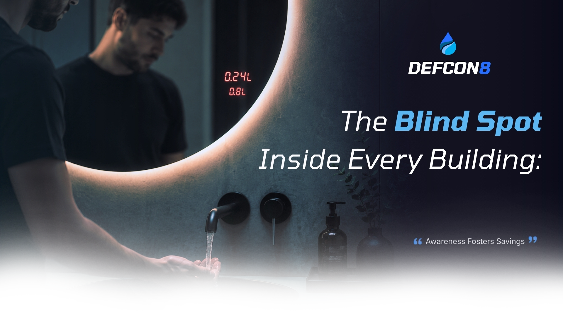DEFCON8's in-mirror display showing real-time water use as a tap runs