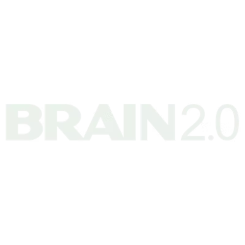Logo with the text 'BRAIN 2.0' in bold, white letters on a black background.