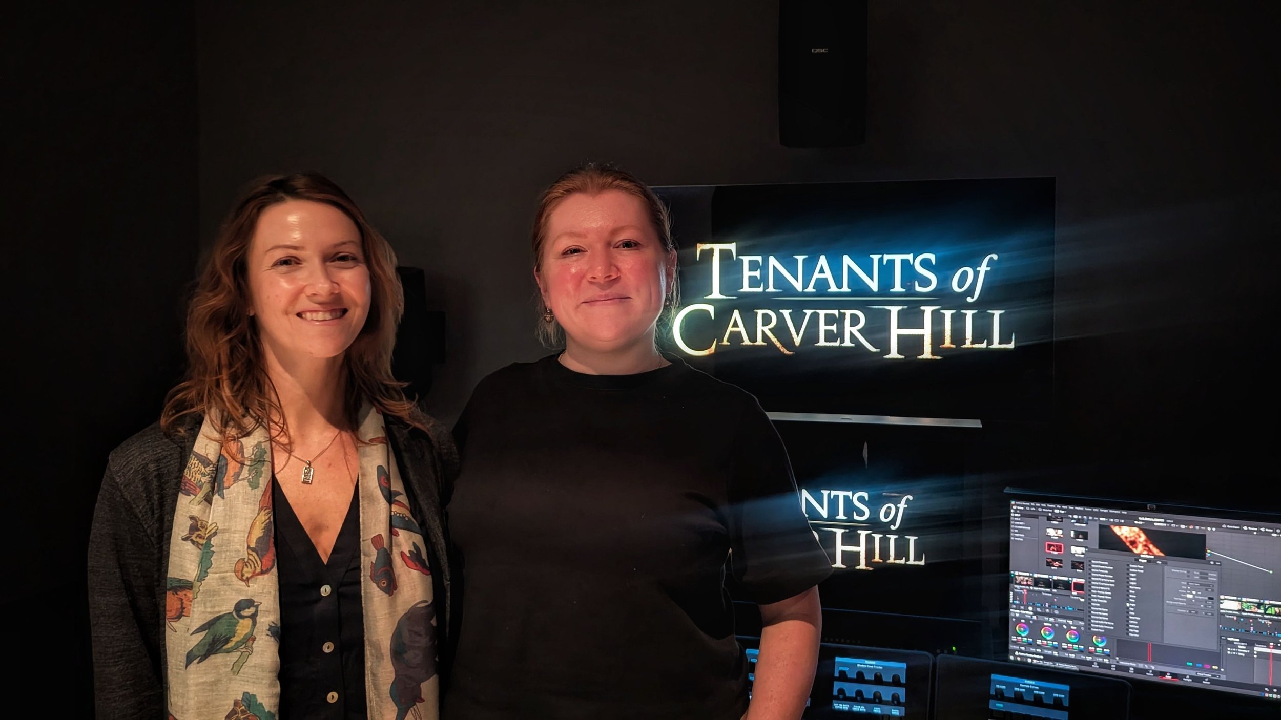 Director Hollis Sherman-Pepe and Colourist Aurora Shannon at the console completing the colour grade for feature film Tenants of Carver Hill