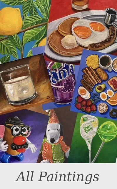 Collage of colorful paintings including a lemon on a tropical leaf background, a breakfast with eggs and pancakes, a glass of water, a panda and dog dressed in costumes, a bag of Grape Fanta, and a cake with blueberries, strawberries, and other fruits.