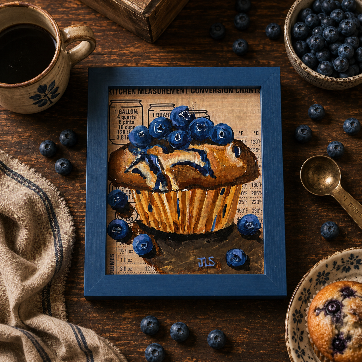 Mixed media painting of a blueberry muffin with vibrant blueberries.