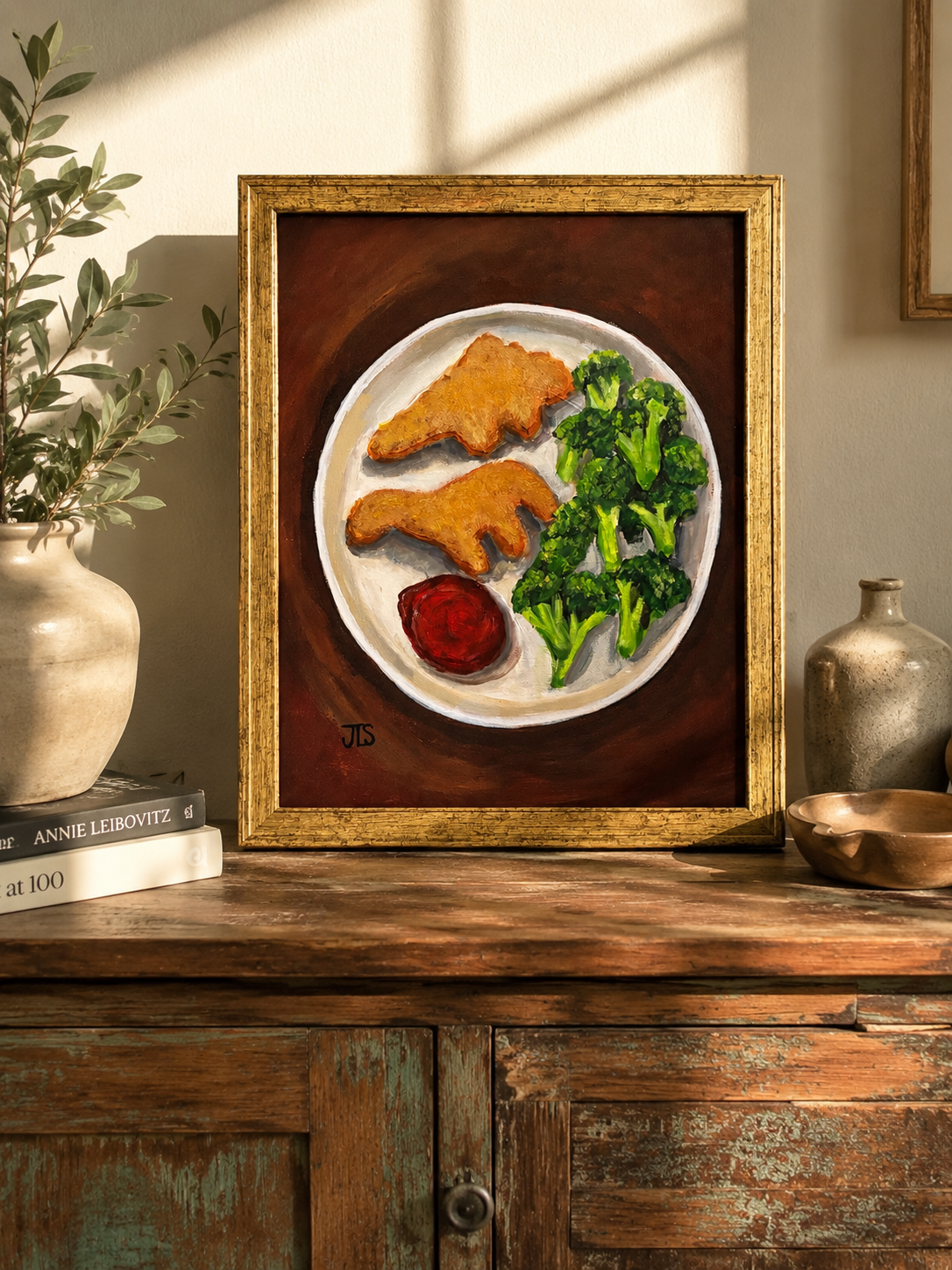 Original acrylic painting of dinosaur-shaped chicken nuggets with broccoli florets and ketchup on a white plate against a dark background.