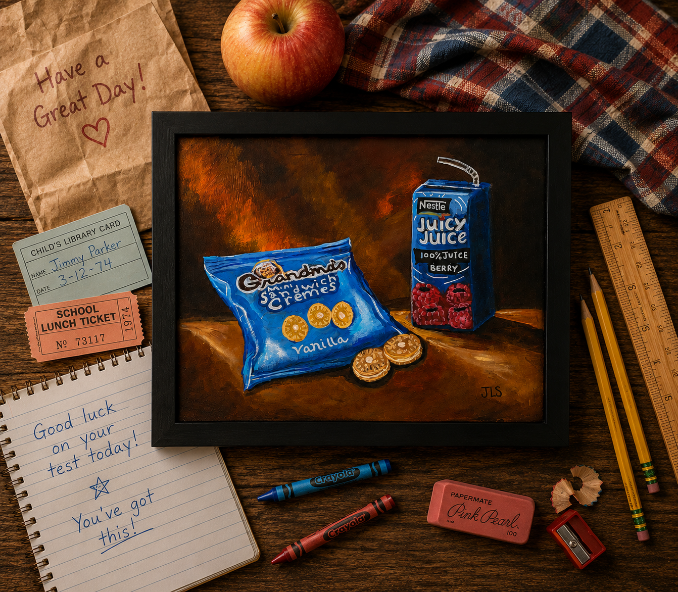 Painting of Grandma’s Sandwich Cremes cookies and a carton of Juicy Juice