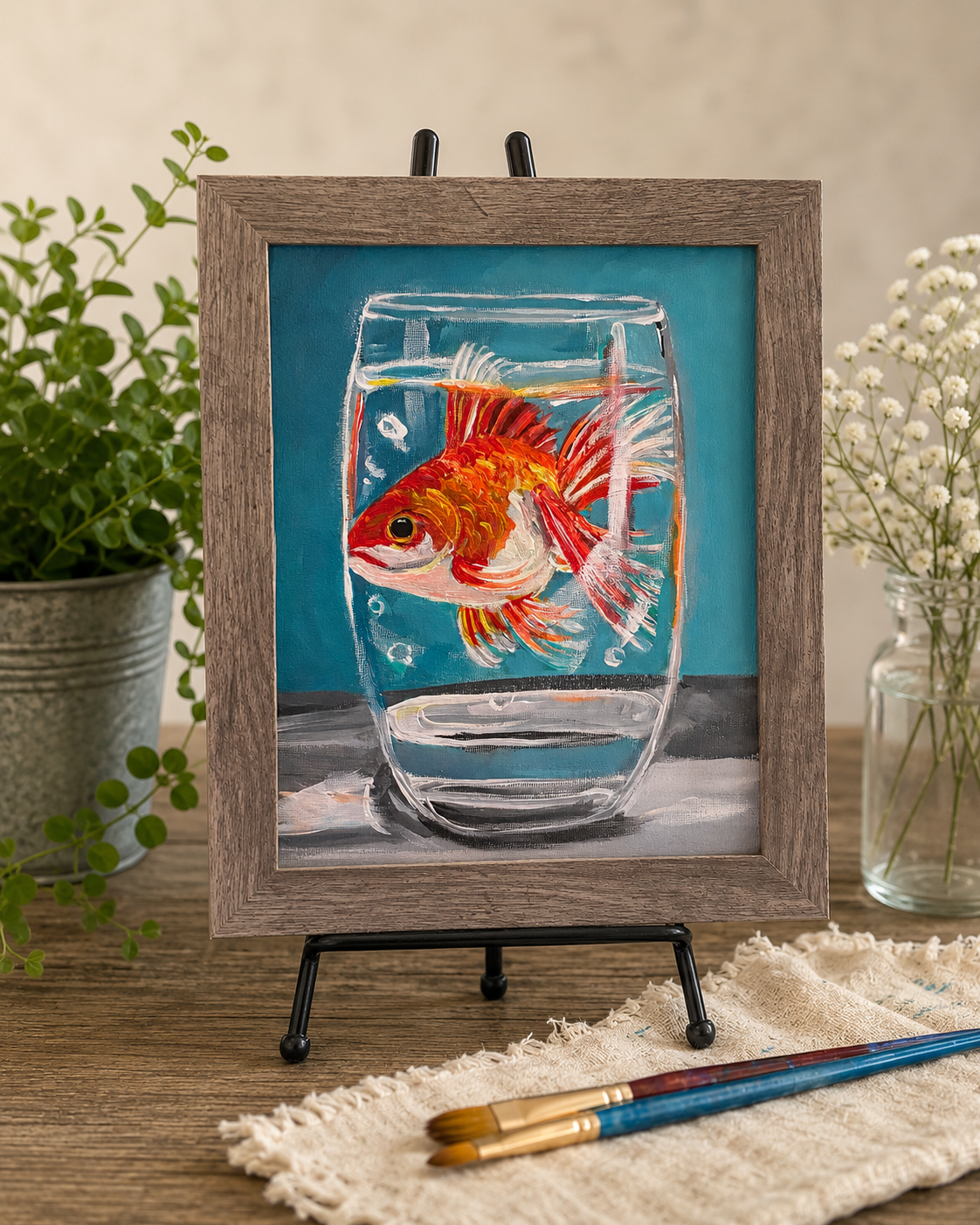 Colorful goldfish in a clear glass with loose painterly details, displayed in a weathered wood frame on a neutral surface