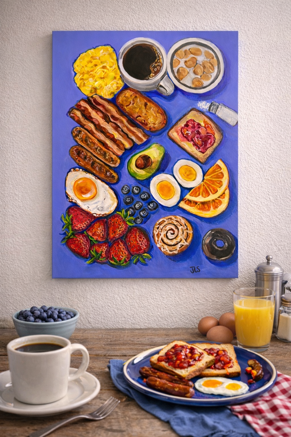 Painting of a large breakfast table spread with assorted foods on a bluish purple background.